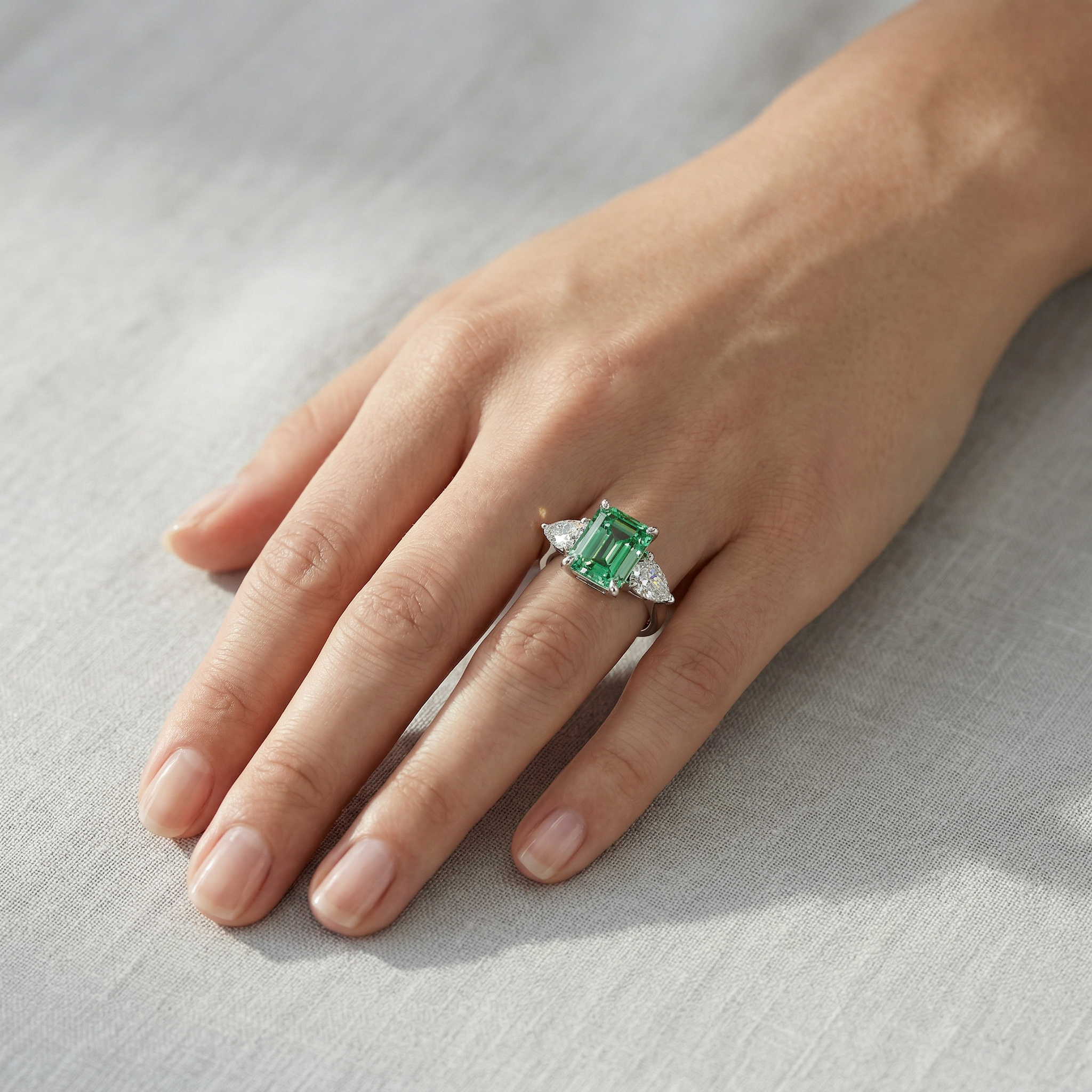 4 Carat Fancy Green Emerald & Pear Cut Three Stone Lab Grown Diamond Engagement Ring