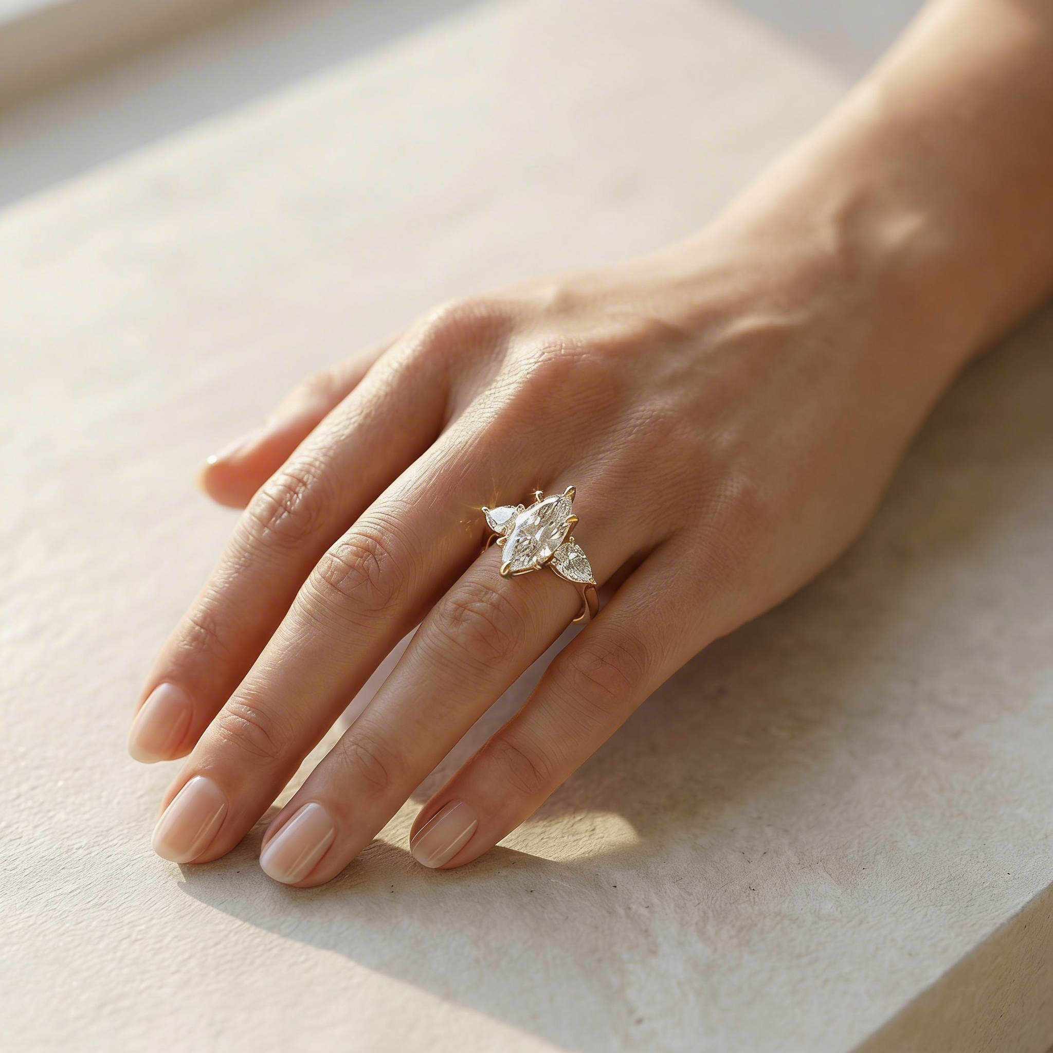 3 Carat E/VVS Marquise & Pear Cut Three Stone Lab Grown Diamond Engagement Ring