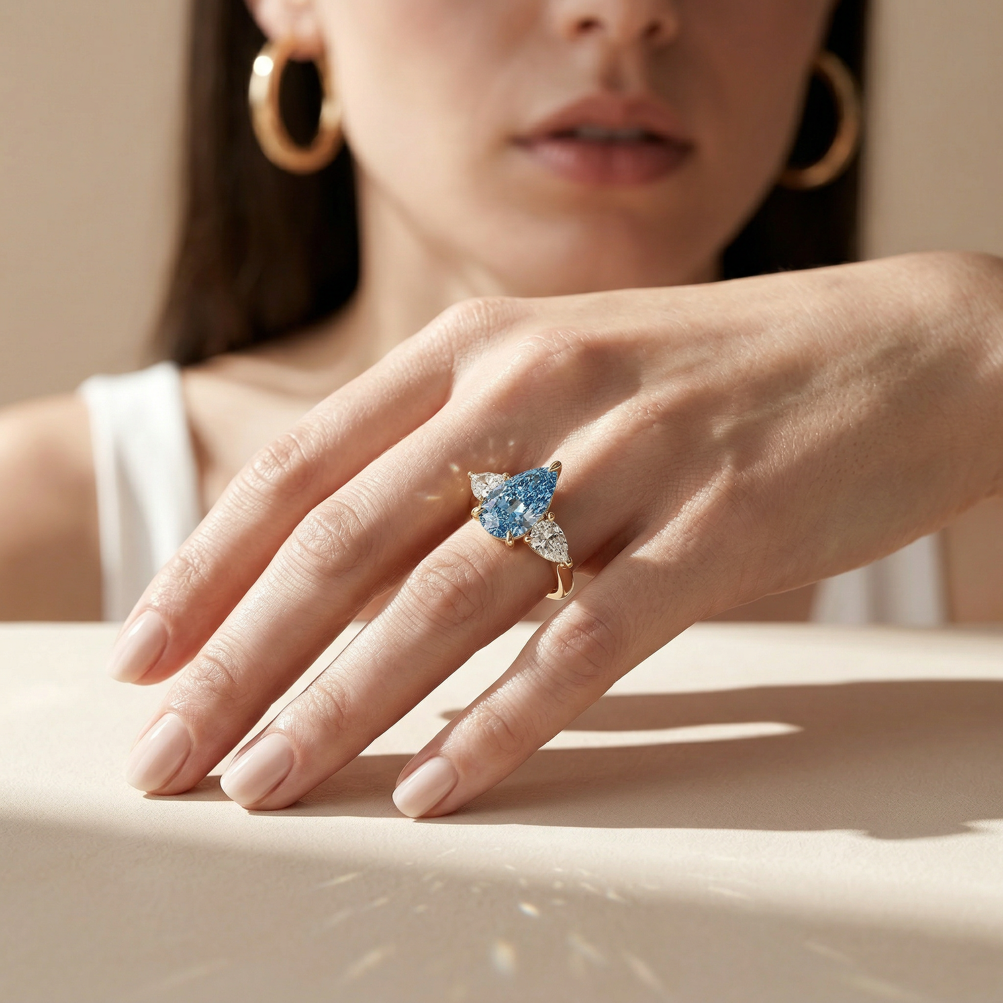 4 Carat Fancy Blue Pear Cut Three Stone Lab Grown Diamond Engagement Ring