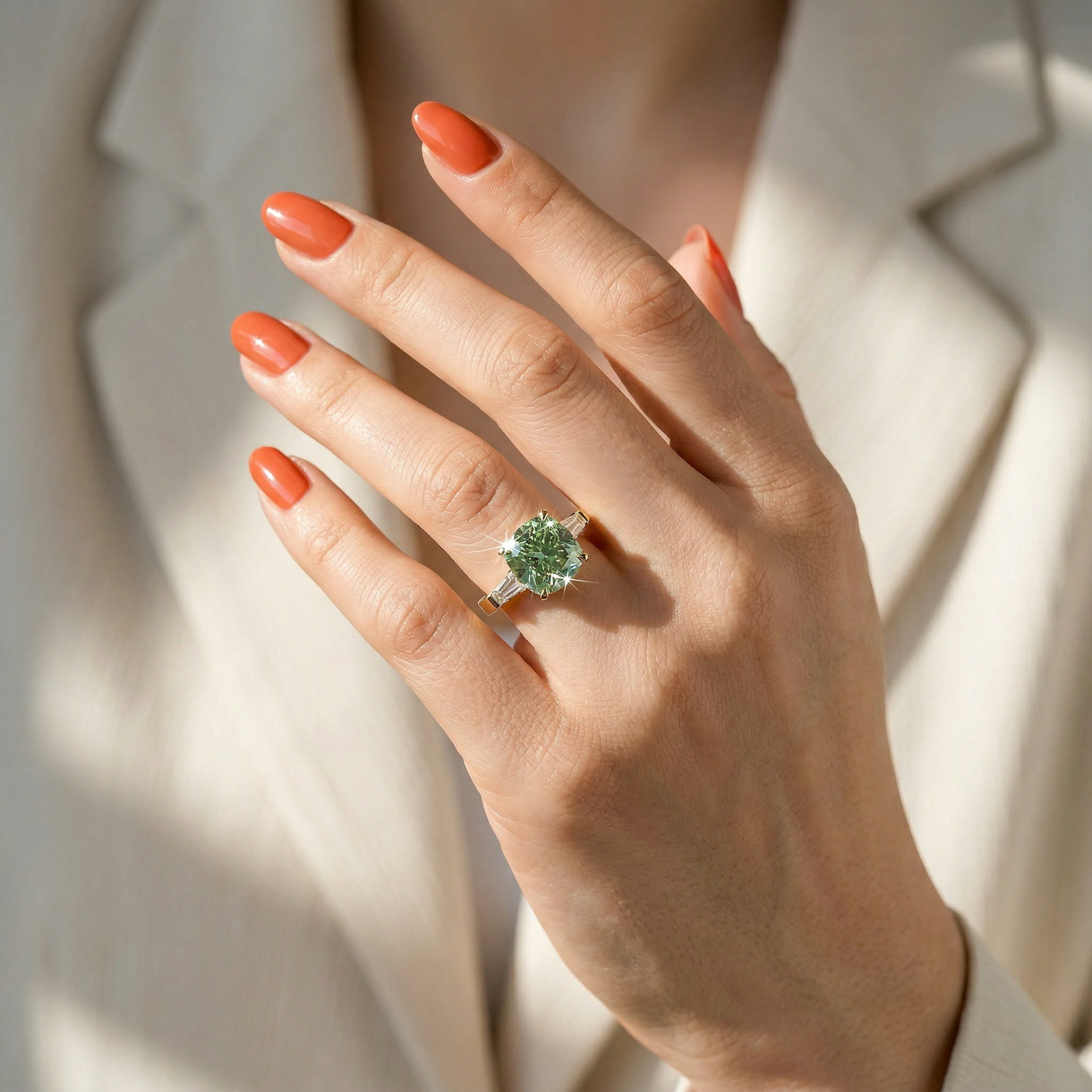 3.75 Carat Fancy Vivid Green Cushion & Tapered Baguette Lab Grown Diamond Three Stone Engagement Ring