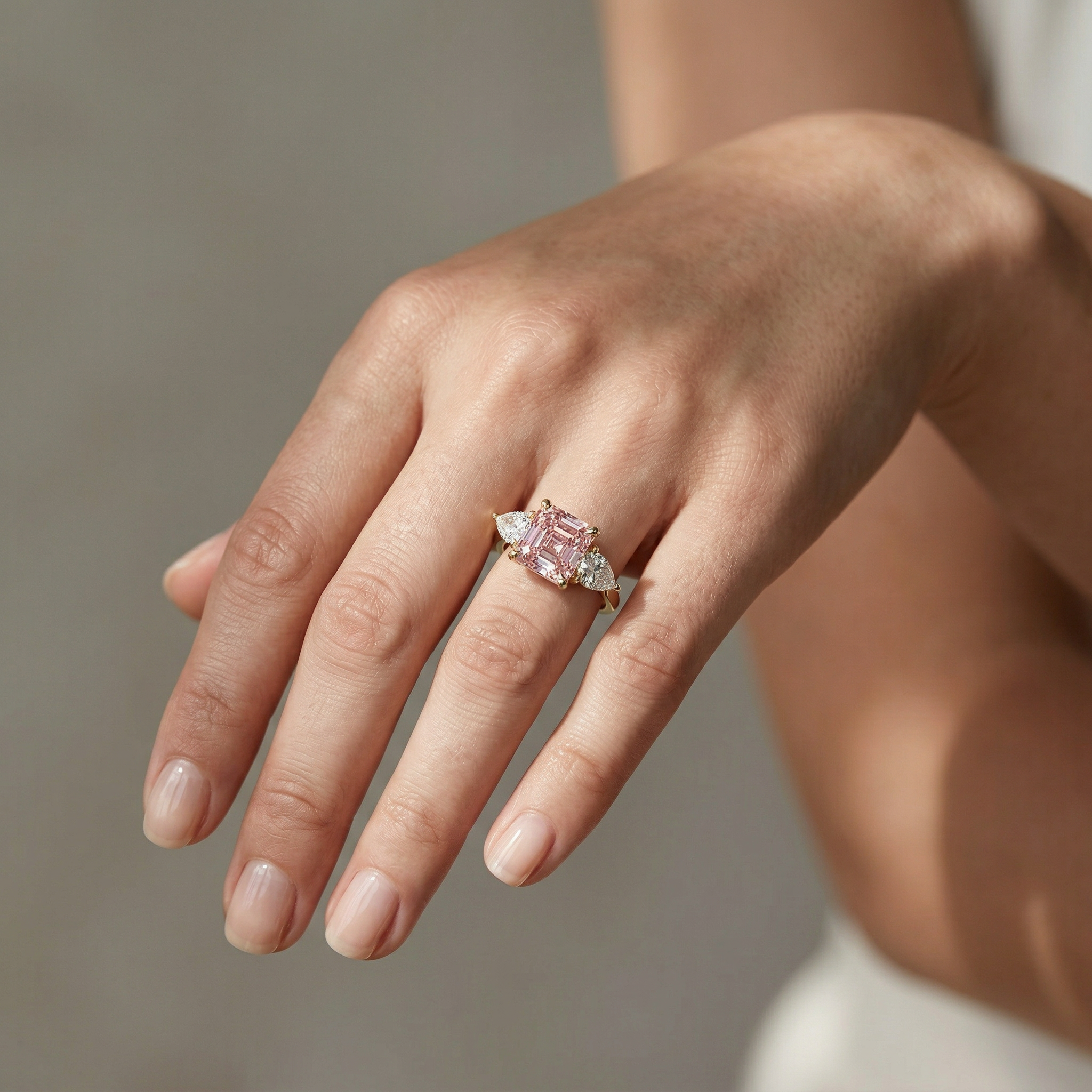 4 Carat Fancy Pink Asscher Cut Three Stone Lab Grown Diamond Engagement Ring