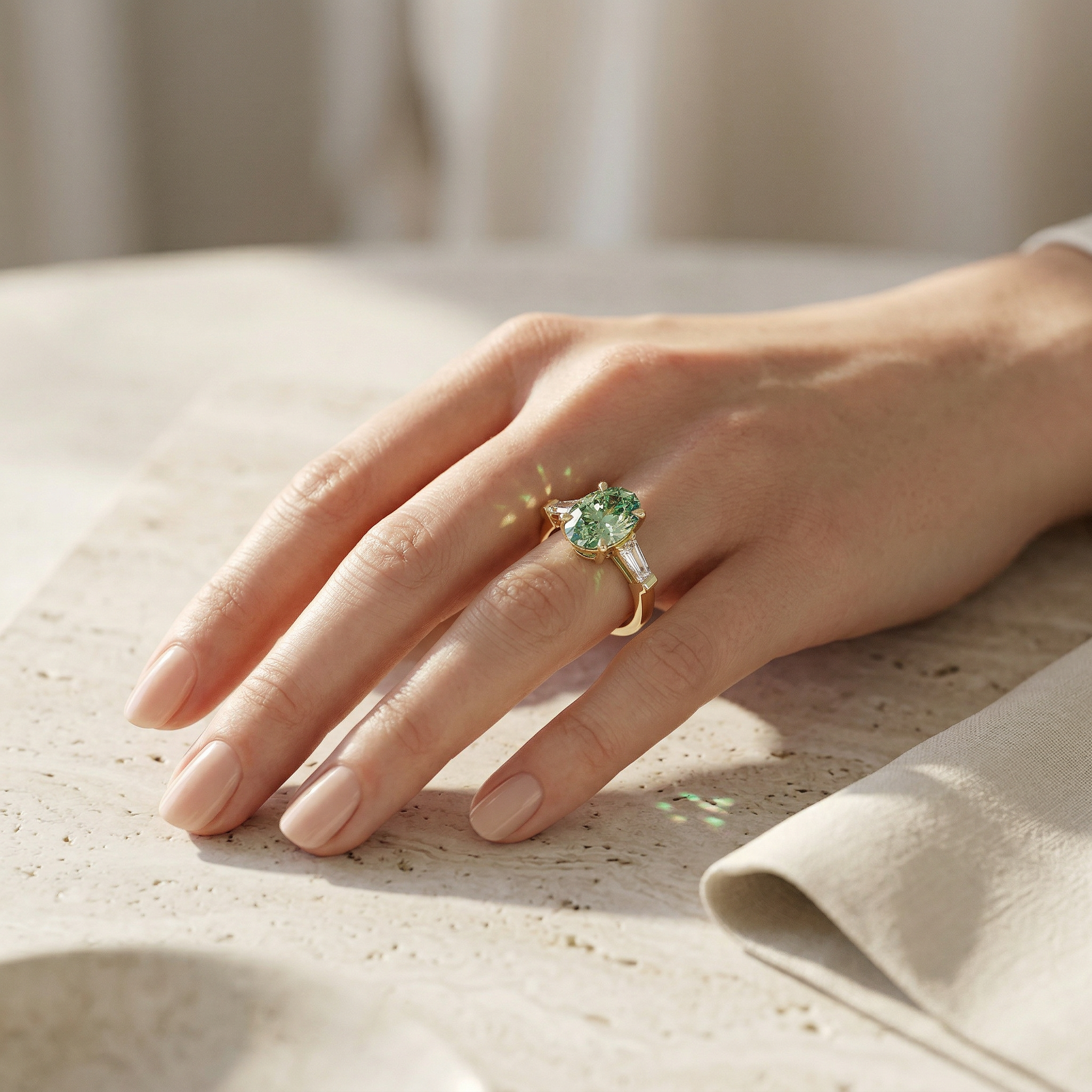 3.75 Carat Fancy Green Oval & Tapered Baguette Lab Grown Diamond Three Stone Engagement Ring