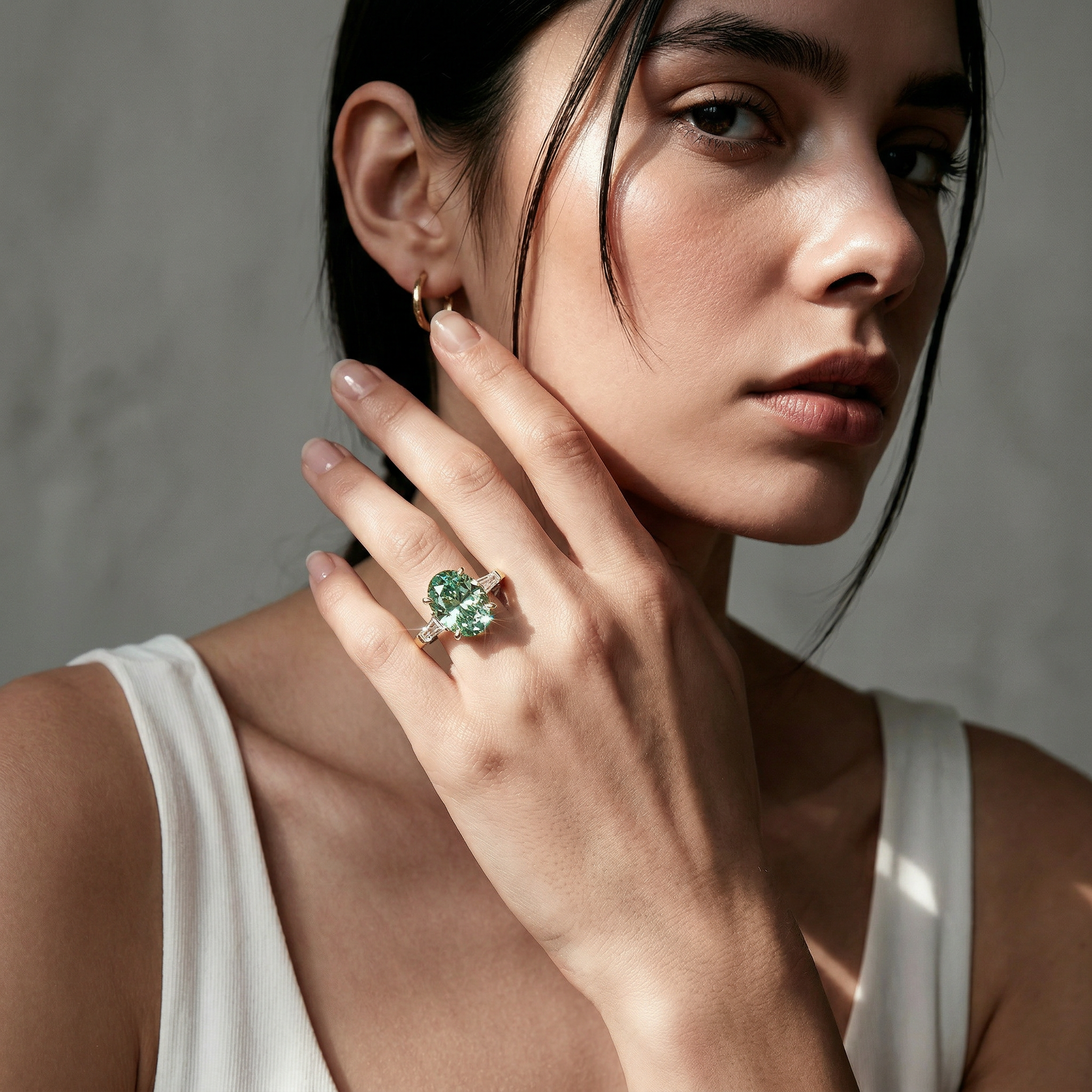 3.75 Carat Fancy Green Oval & Tapered Baguette Lab Grown Diamond Three Stone Engagement Ring