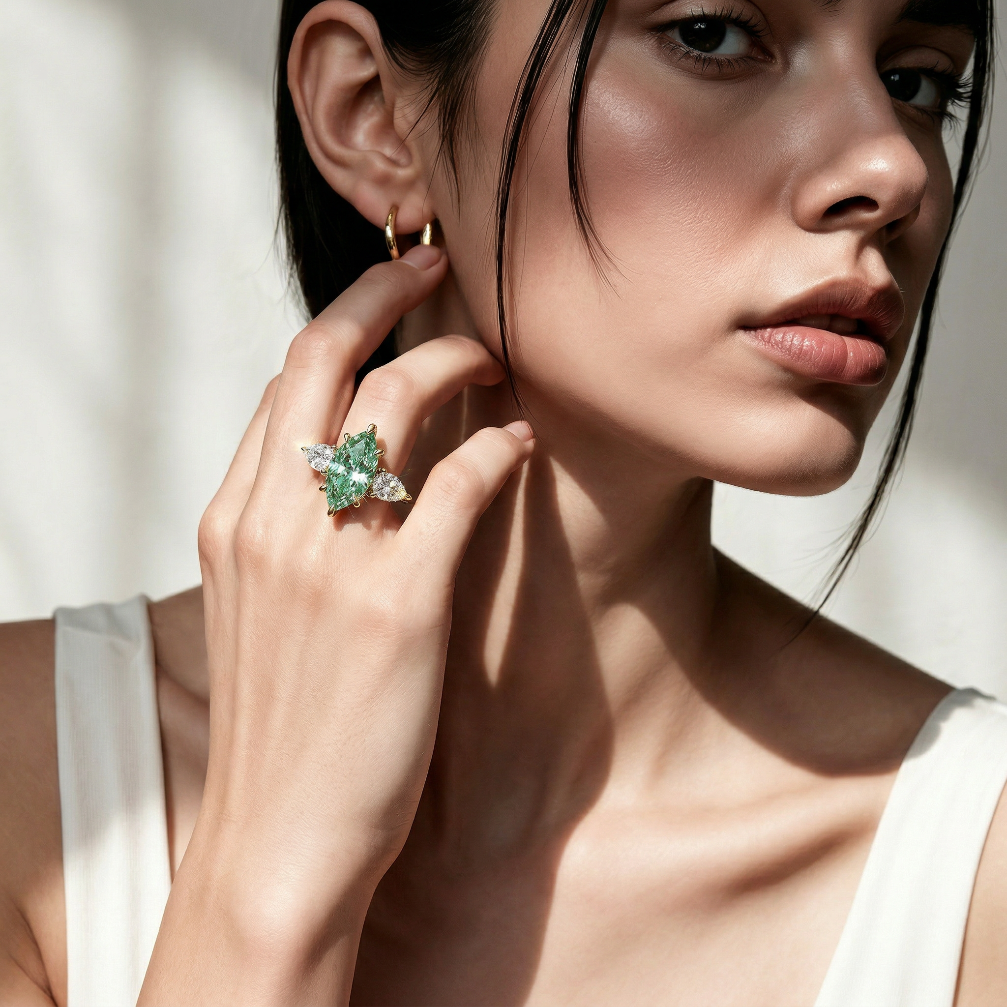 3 Carat Fancy Green Marquise & Pear Cut Three Stone Lab Grown Diamond Engagement Ring