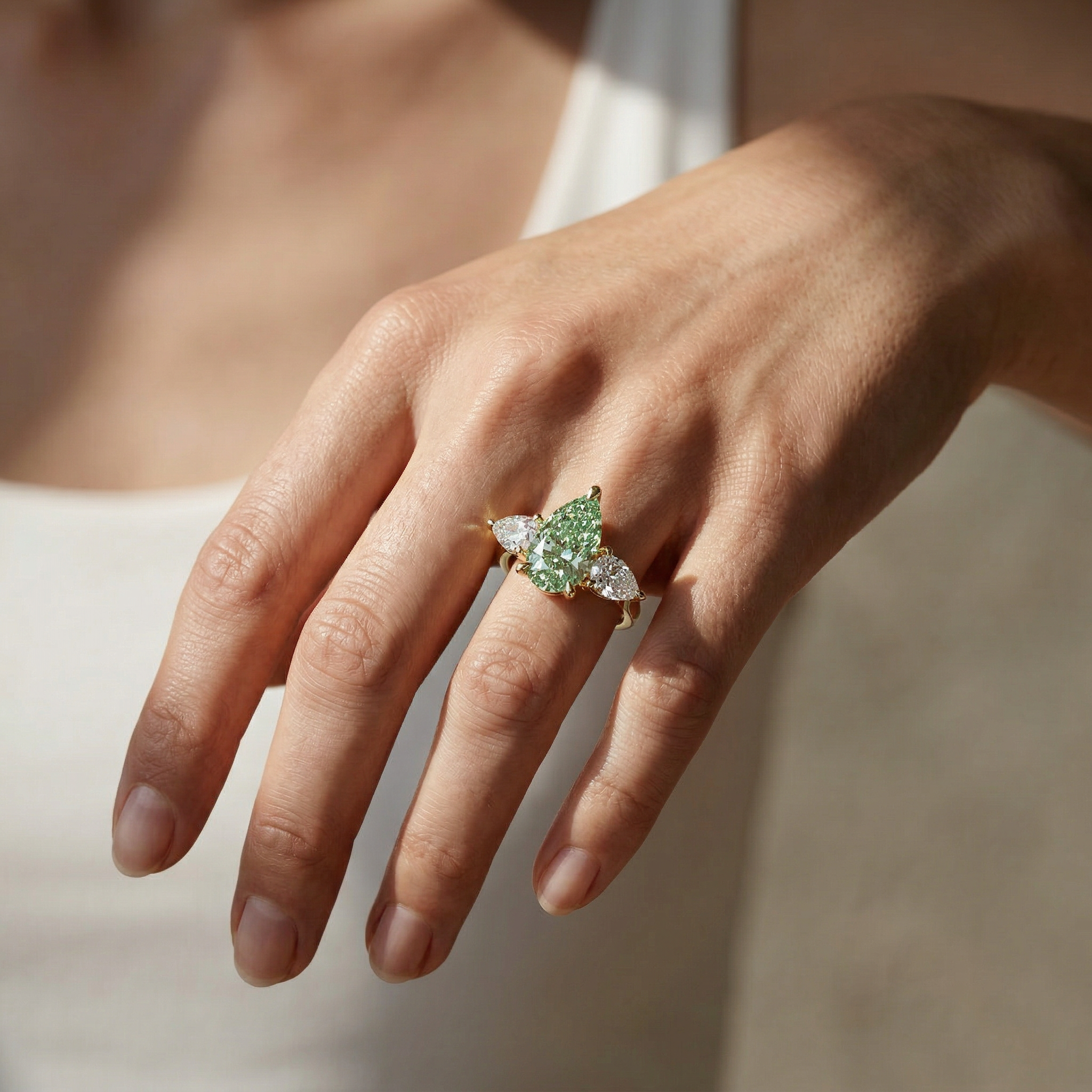 4 Carat Fancy Green Pear Cut Three Stone Lab Grown Diamond Engagement Ring