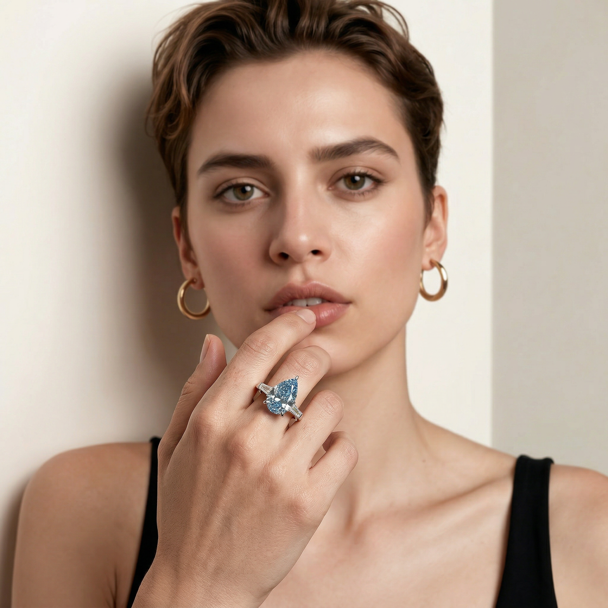 3.40ct Fancy Blue Pear & Tapered Baguette Three Stone Lab Diamond Ring - Bella