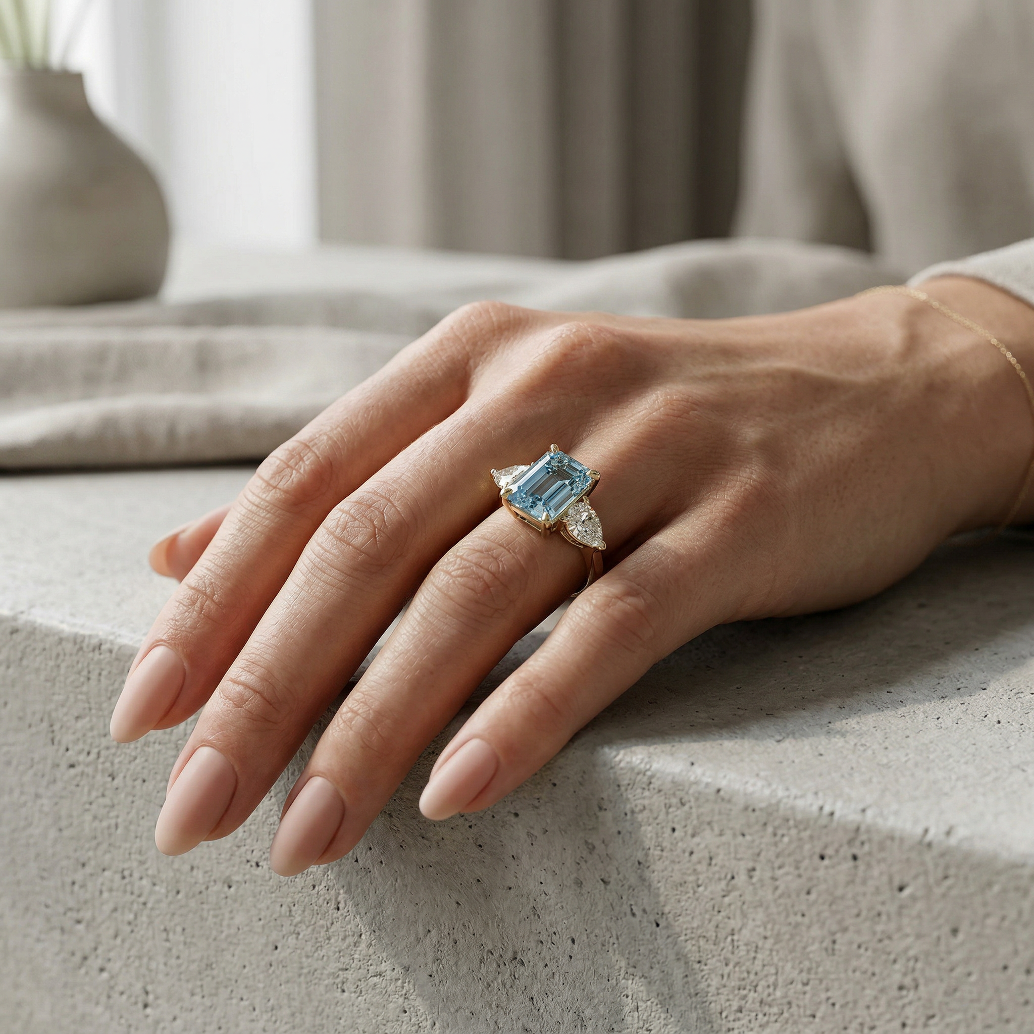 4 Carat Fancy Blue Emerald & Pear Cut Three Stone Lab Grown Diamond Engagement Ring