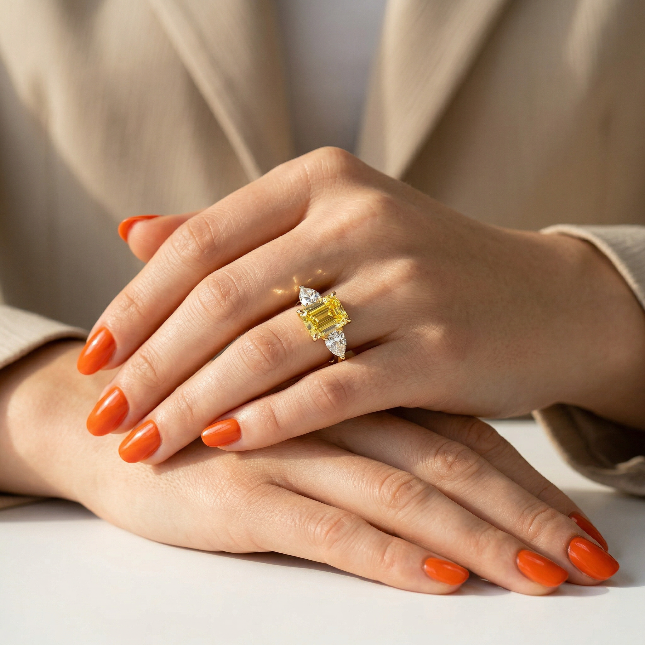 4 Carat Canary Yellow Emerald & Pear Cut Three Stone Lab Grown Diamond Engagement Ring
