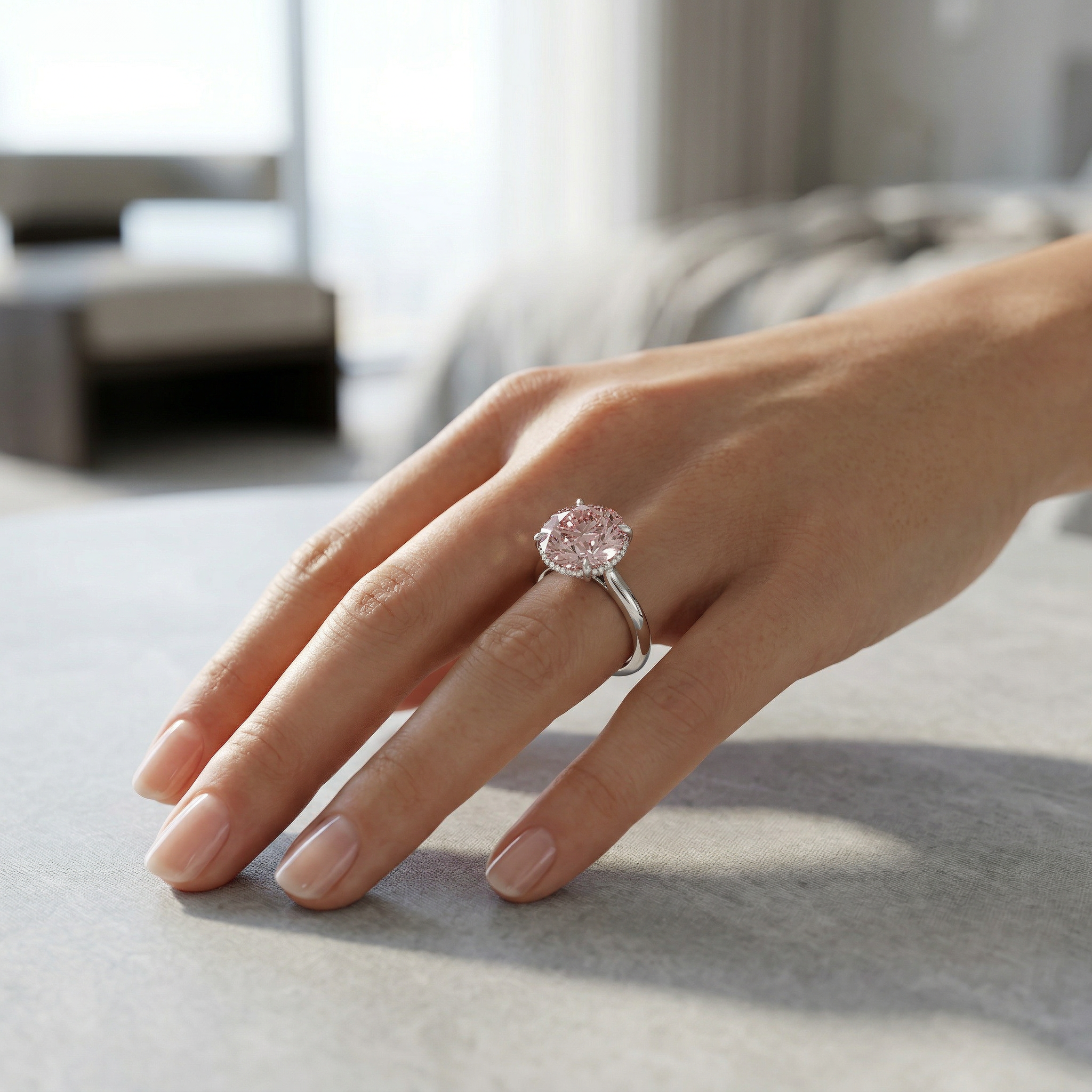 3ct Fancy Pink Round Cut Hidden Halo Lab Grown Diamond Engagement Ring