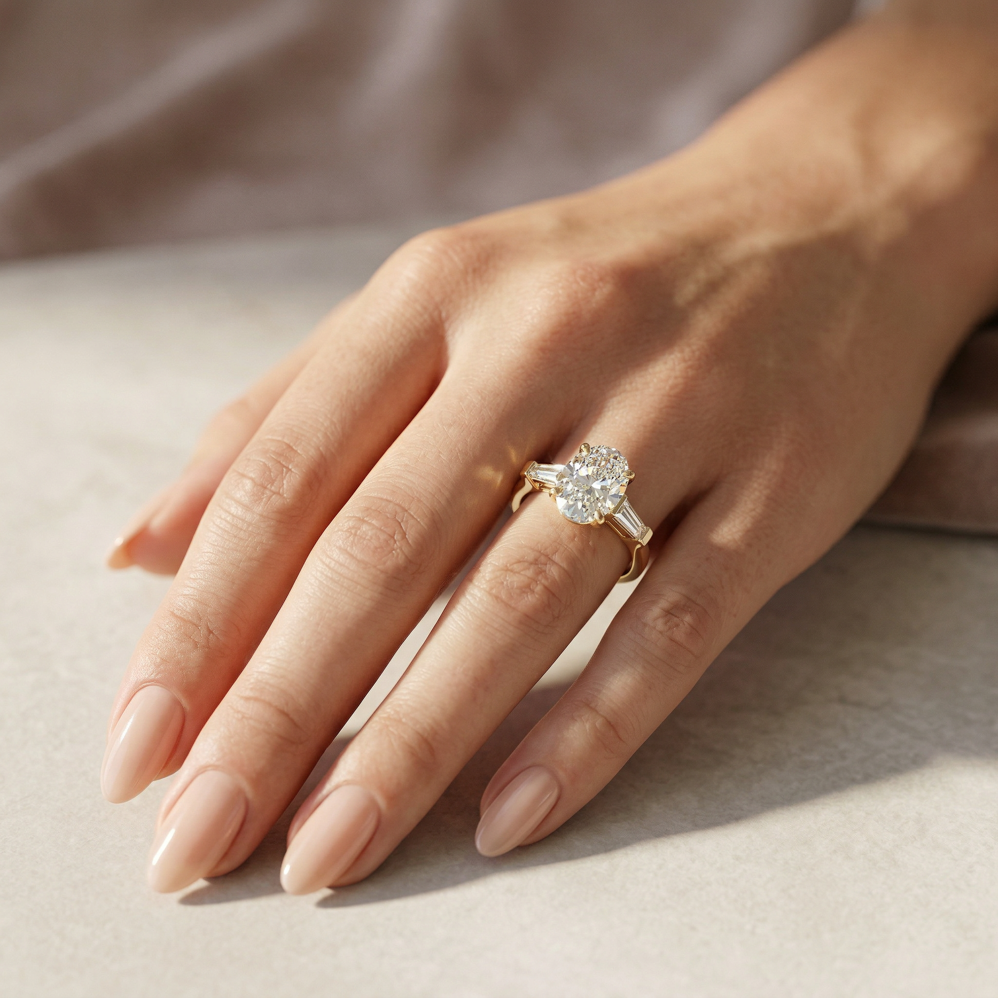 3.75 Carat E/VVS Oval & Tapered Baguette Lab Grown Diamond Three Stone Engagement Ring