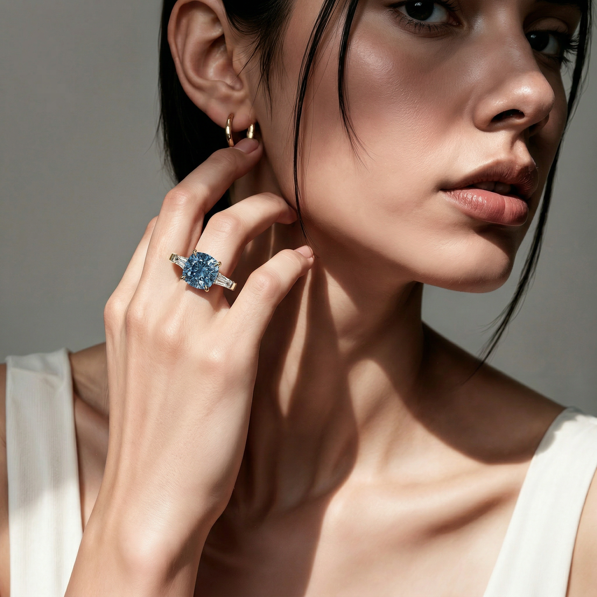 3.75 Carat Fancy Blue Cushion & Tapered Baguette Lab Grown Diamond Three Stone Engagement Ring