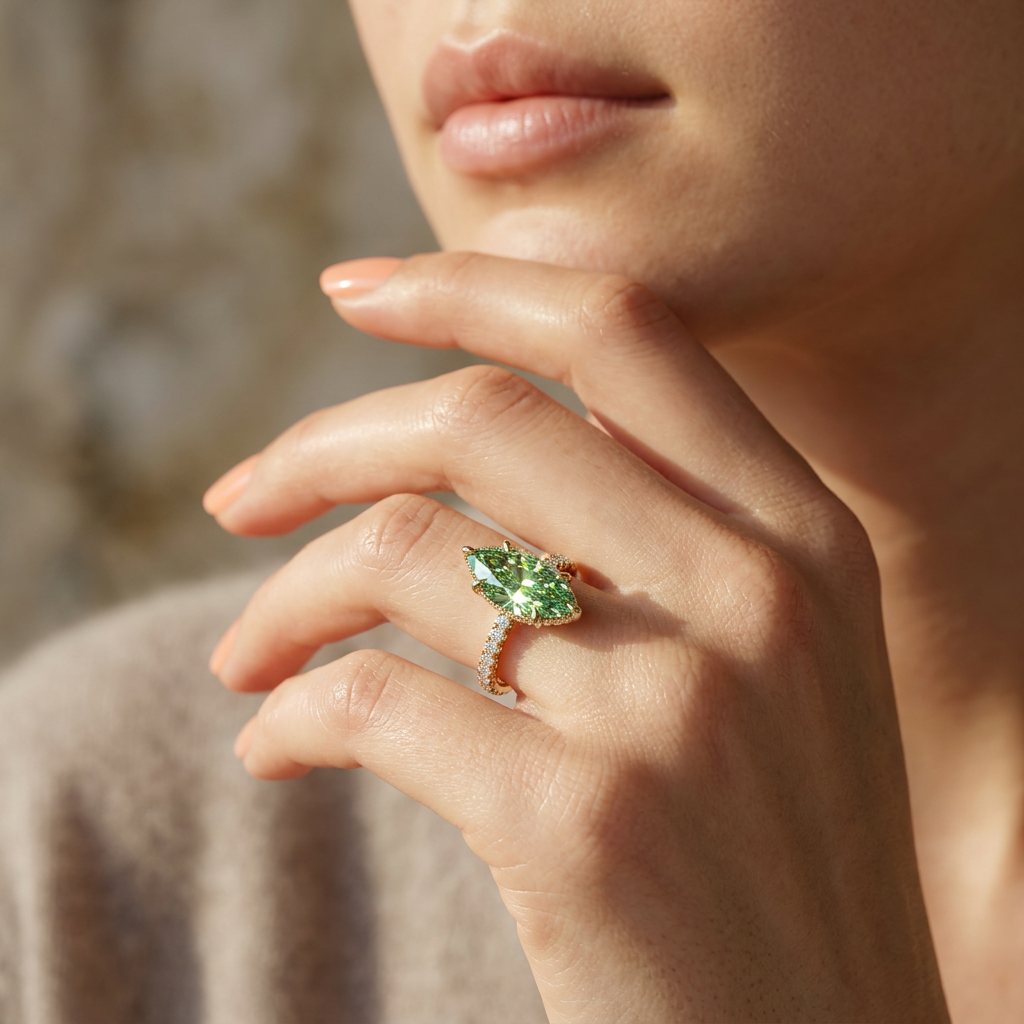 3 Carat Fancy Green Marquise Hidden Halo Lab Grown Diamond Engagement Ring