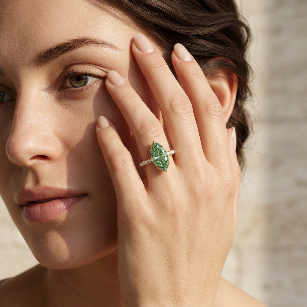 3 Carat Fancy Green Marquise Hidden Halo Lab Grown Diamond Engagement Ring