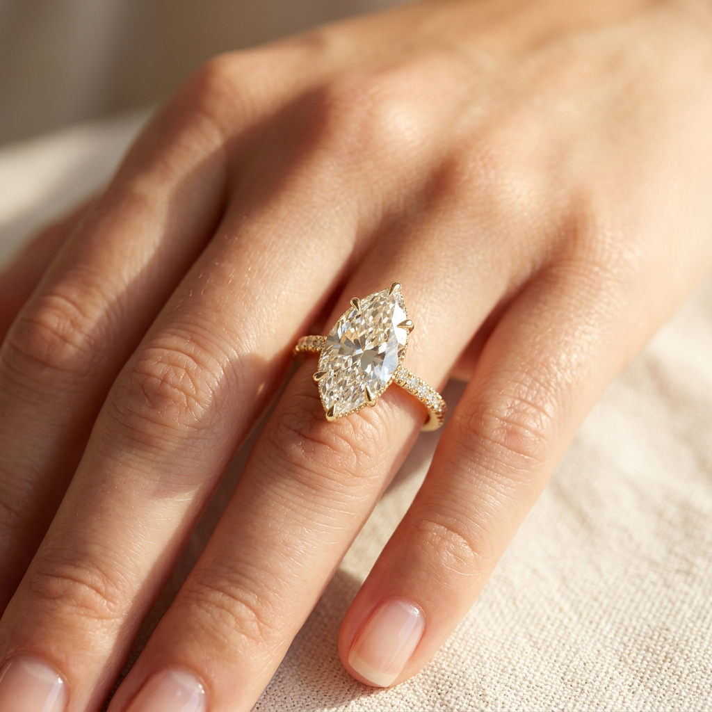 3 Carat E VVS Marquise Hidden Halo Lab Grown Diamond Engagement Ring
