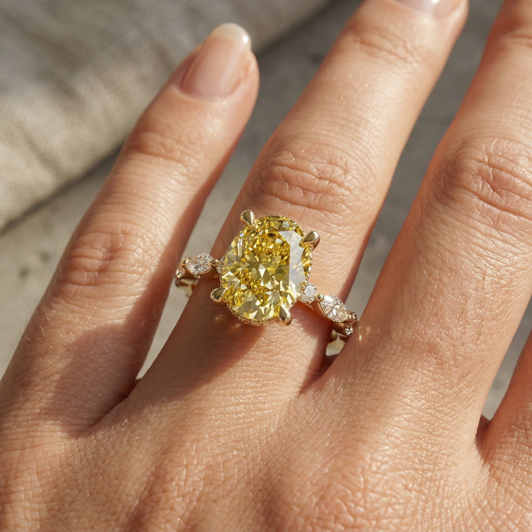 2 Carat Fancy Yellow Oval Cut Hidden Halo & Pave Lab Grown Diamond Engagement Ring
