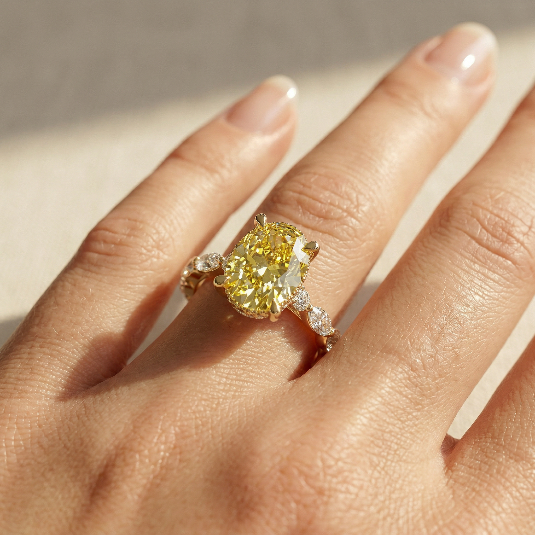2 Carat Fancy Yellow Oval Cut Hidden Halo & Pave Lab Grown Diamond Engagement Ring