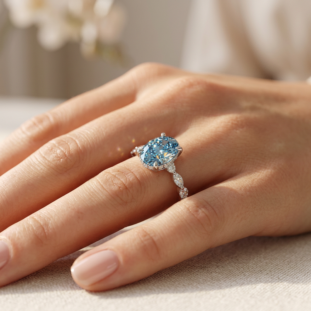 2 Carat Fancy Blue Oval Cut Hidden Halo & Pave Lab Grown Diamond Engagement Ring
