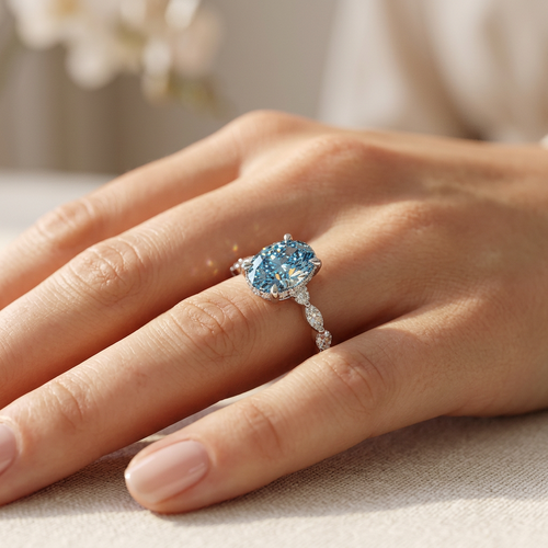 2 Carat Fancy Blue Oval Cut Hidden Halo & Pave Lab Grown Diamond Engagement Ring