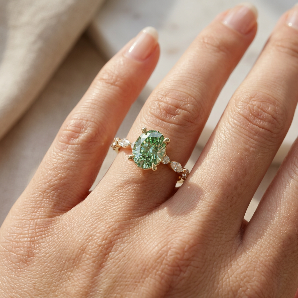2 Carat Fancy Green Oval Cut Hidden Halo & Pave Lab Grown Diamond Engagement Ring