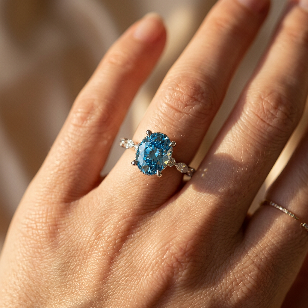 2 Carat Fancy Blue Oval Cut Hidden Halo & Pave Lab Grown Diamond Engagement Ring