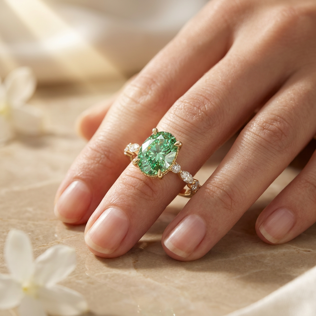 2 Carat Fancy Green Oval Cut Hidden Halo & Pave Lab Grown Diamond Engagement Ring