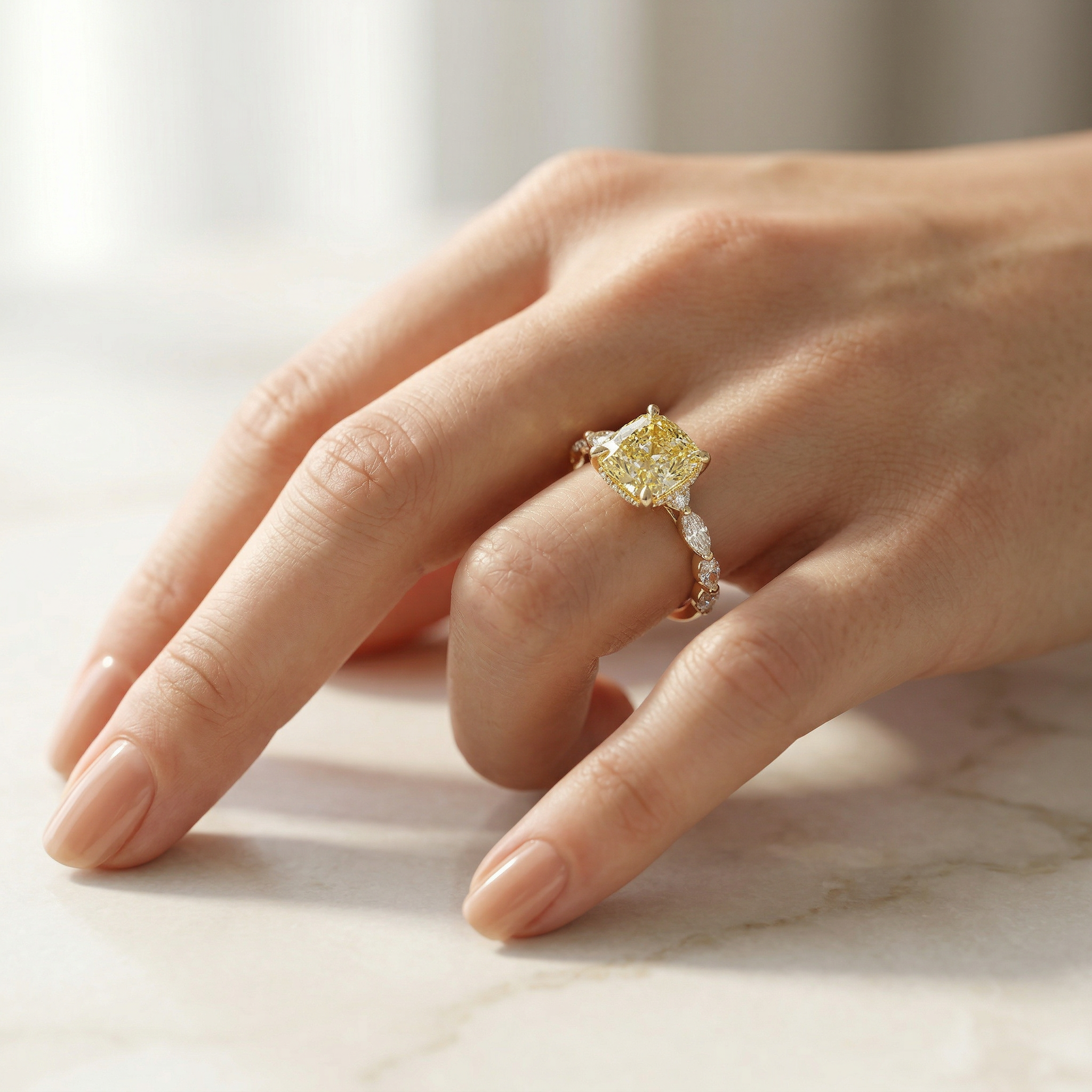 2 Carat Fancy Yellow Cushion Cut Hidden Halo Lab Grown Diamond Engagement Ring