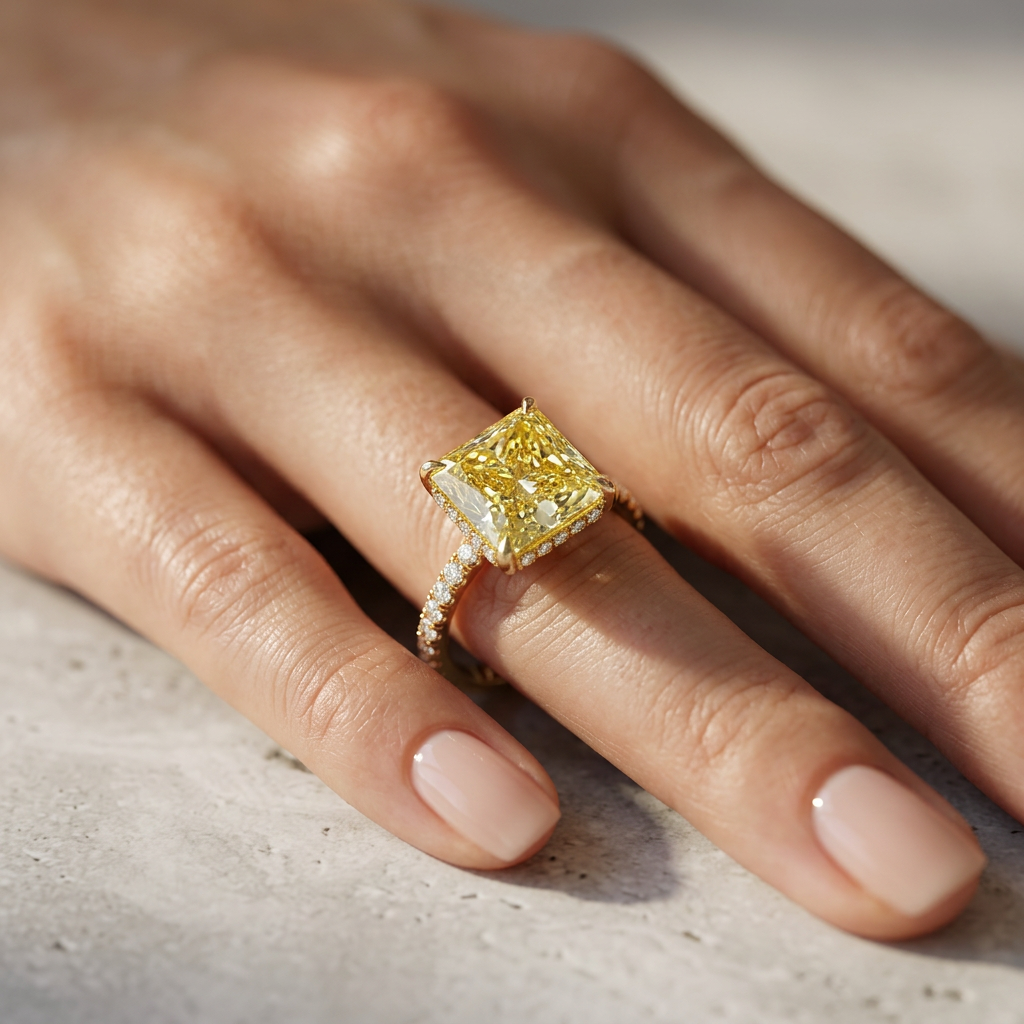 3 Carat Fancy Yellow Princess Cut Hidden Halo Lab Grown Diamond Engagement Ring