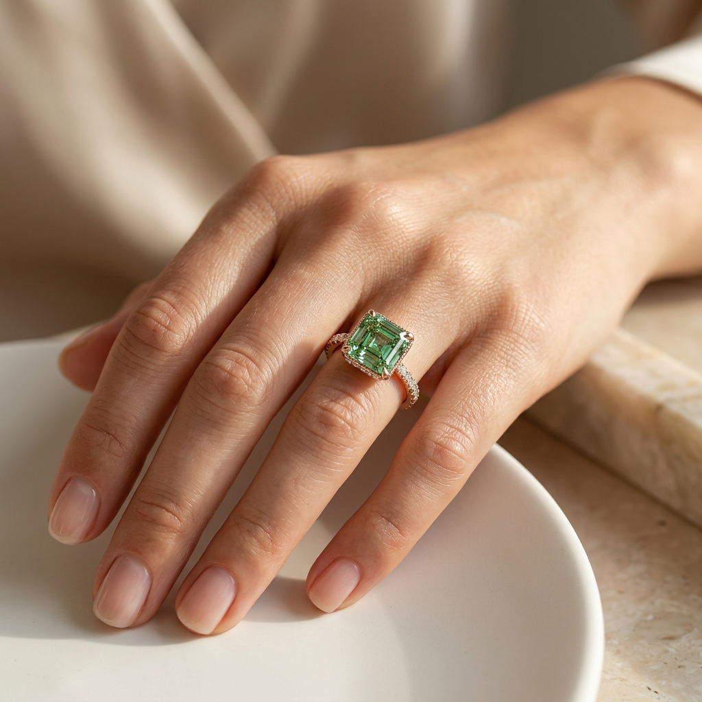 Lab-Grown Green Asscher-Cut Diamond Halo Engagement Ring | 3.5 CT