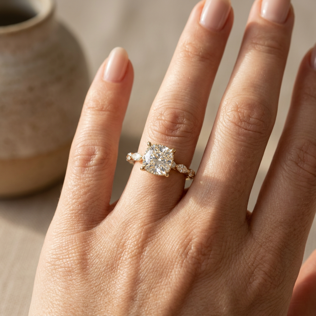 2 Carat E VVS Cushion Cut Hidden Halo Lab Grown Diamond Engagement Ring