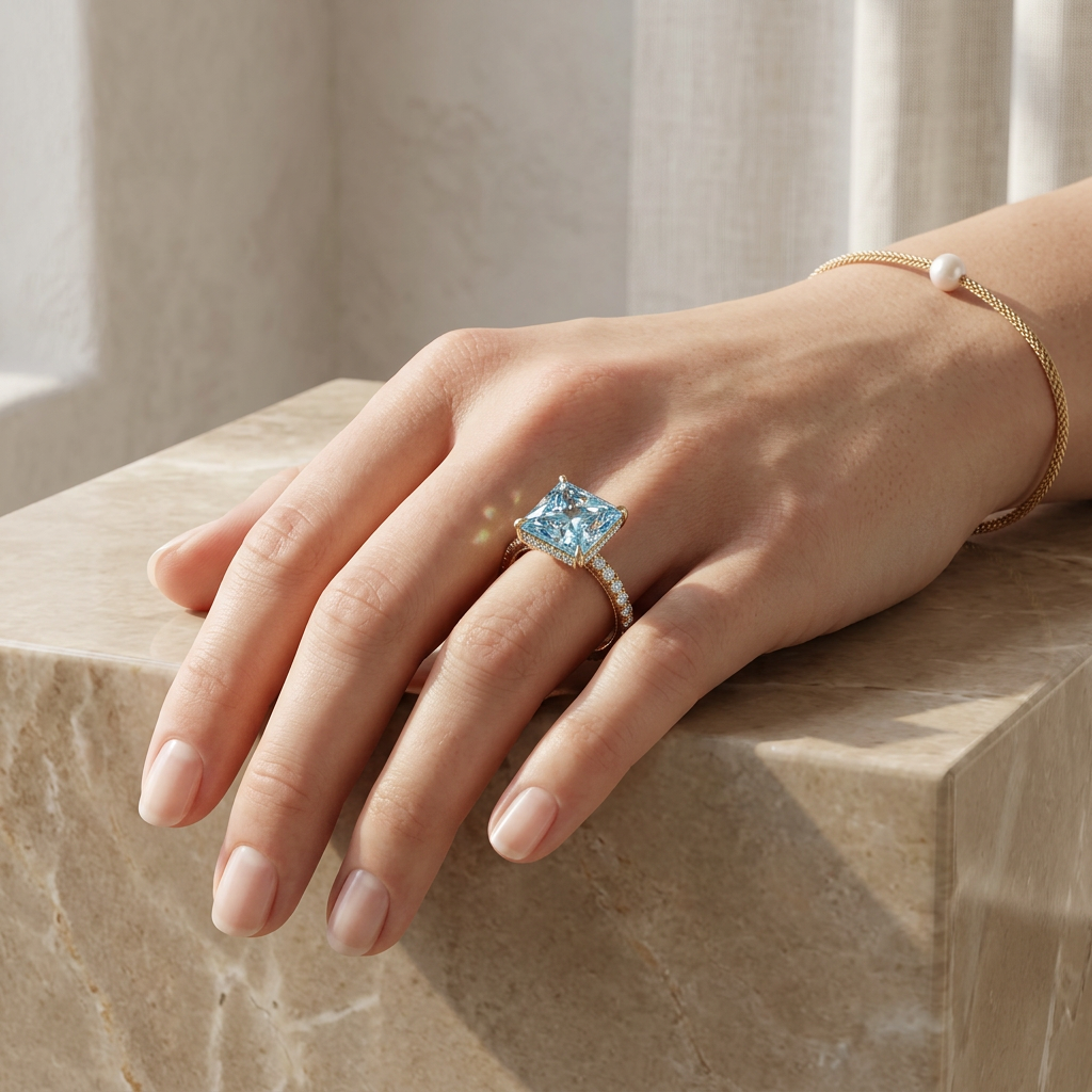 3 Carat Fancy Blue Princess Cut Hidden Halo Lab Grown Diamond Engagement Ring