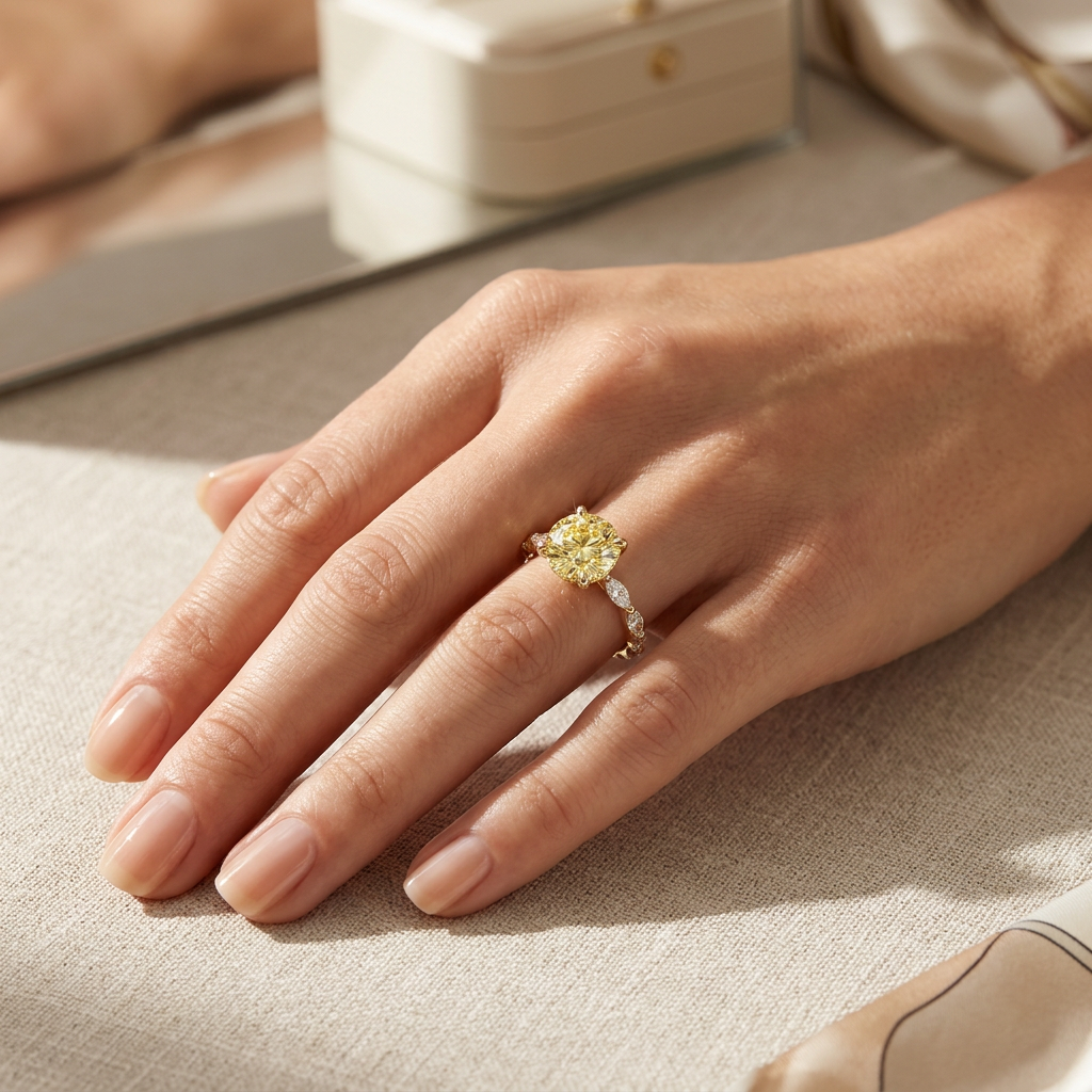 2 Carat Fancy Yellow Round Cut Hidden Halo Lab Grown Diamond Engagement Ring