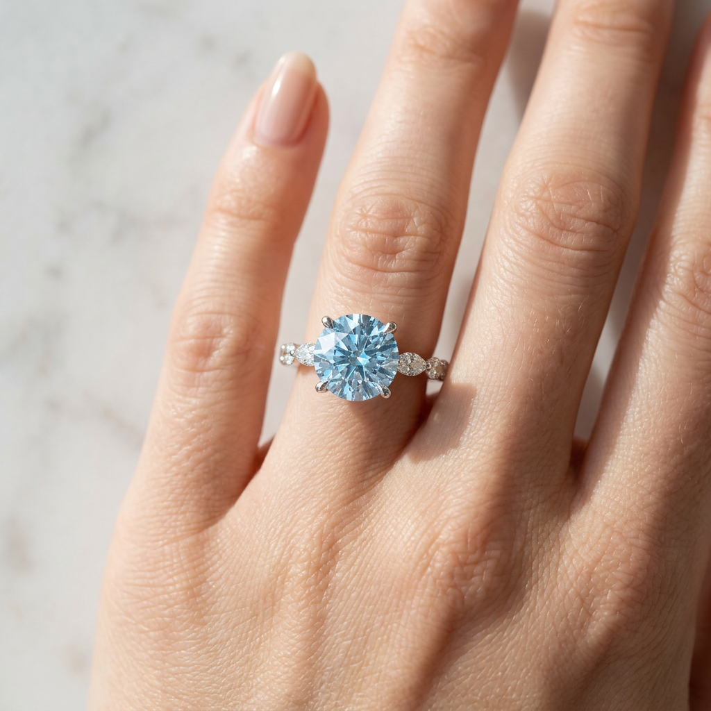 2 Carat Fancy Blue Round Cut Hidden Halo Lab Grown Diamond Engagement Ring