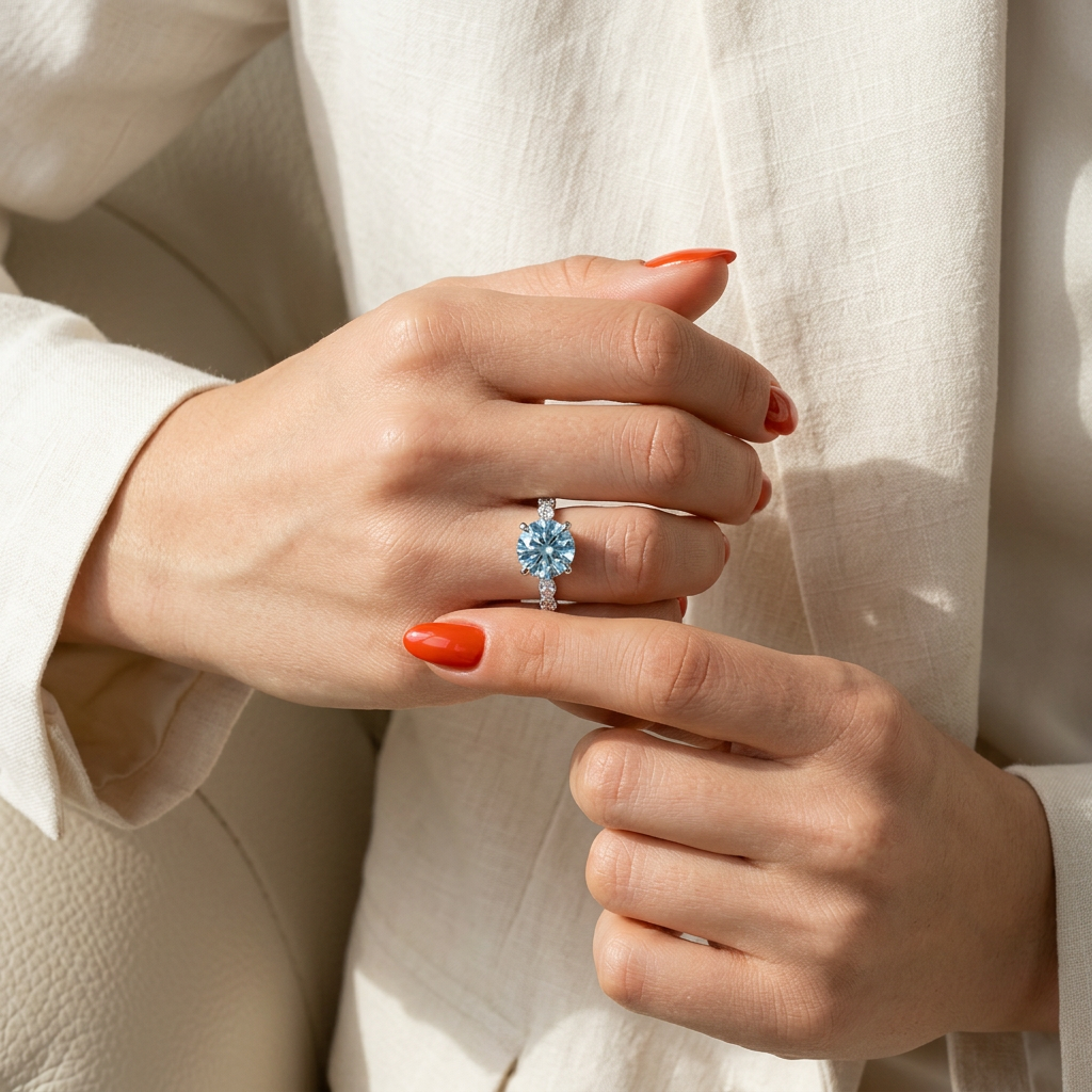 2 Carat Fancy Blue Round Cut Hidden Halo Lab Grown Diamond Engagement Ring