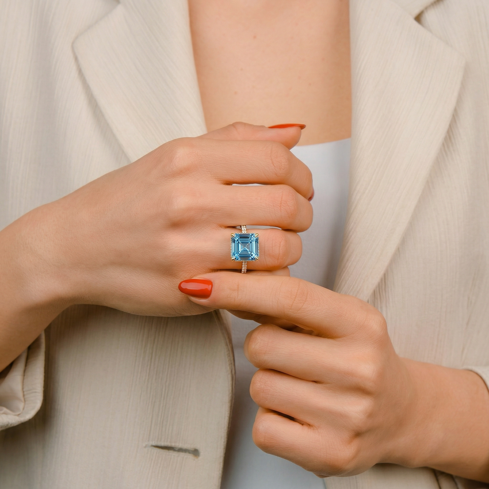 Lab-Grown Blue Asscher-Cut Diamond Halo Engagement Ring | 3.5 CT