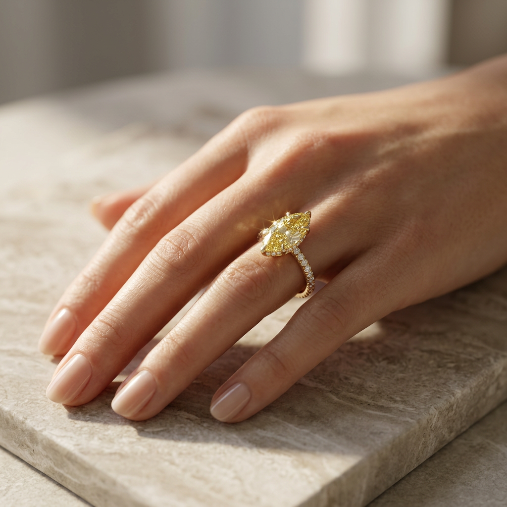 3 Carat Fancy Yellow Marquise Hidden Halo Lab Grown Diamond Engagement Ring