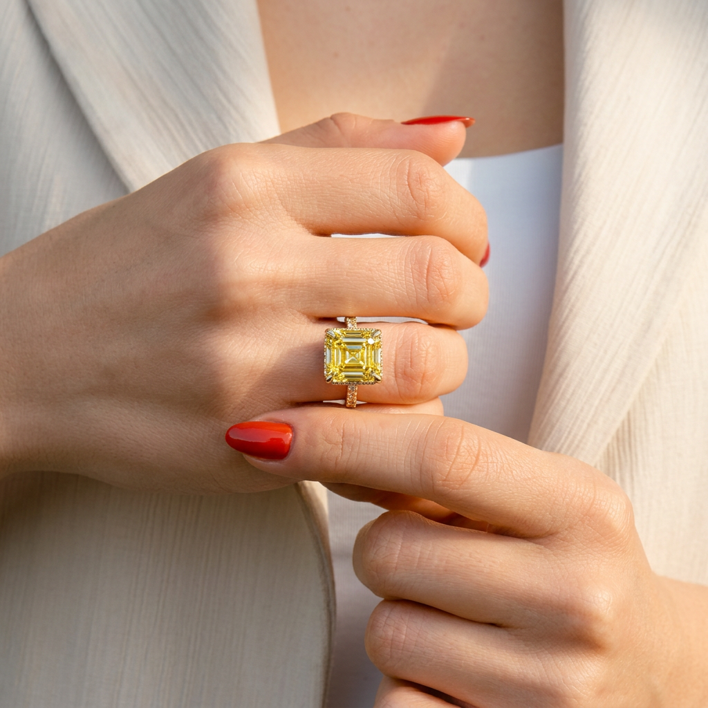 Lab-Grown Yellow Asscher-Cut Diamond Halo Engagement Ring | 3.5 CT
