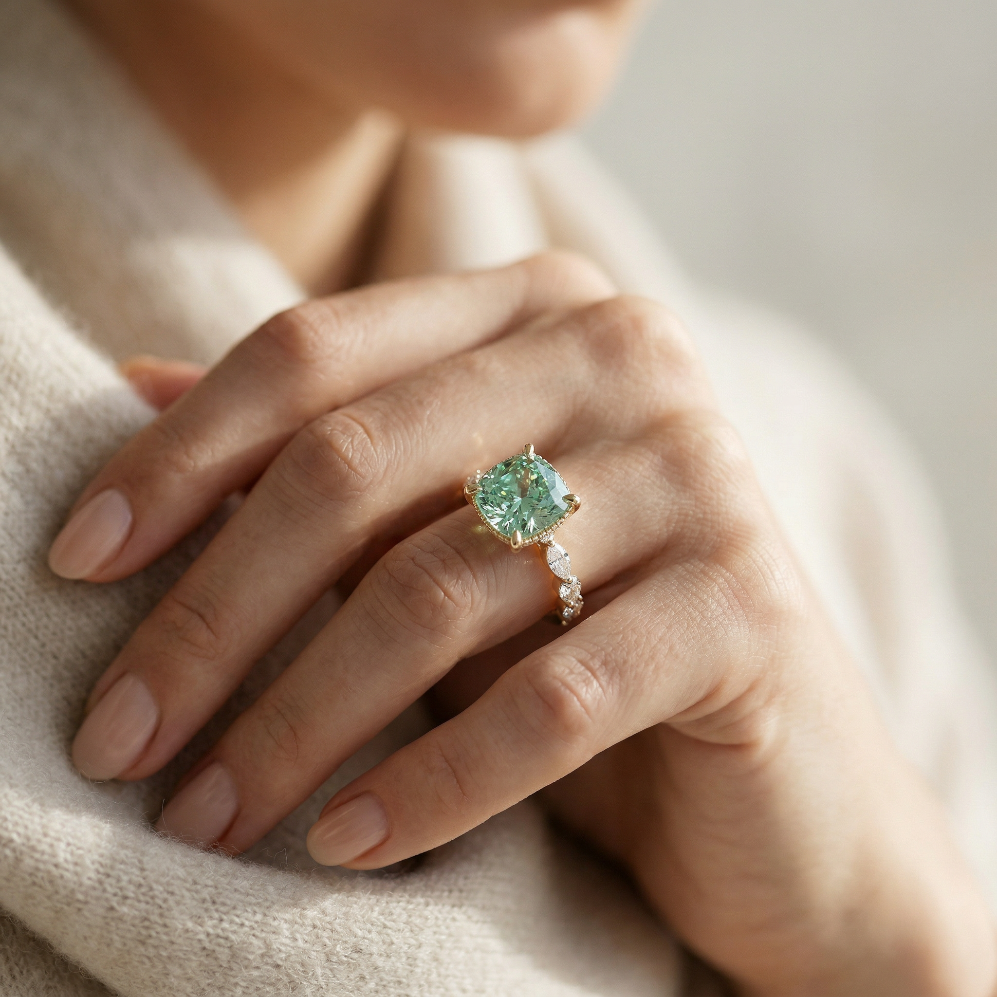 2 Carat Fancy Green Cushion Cut Hidden Halo Lab Grown Diamond Engagement Ring