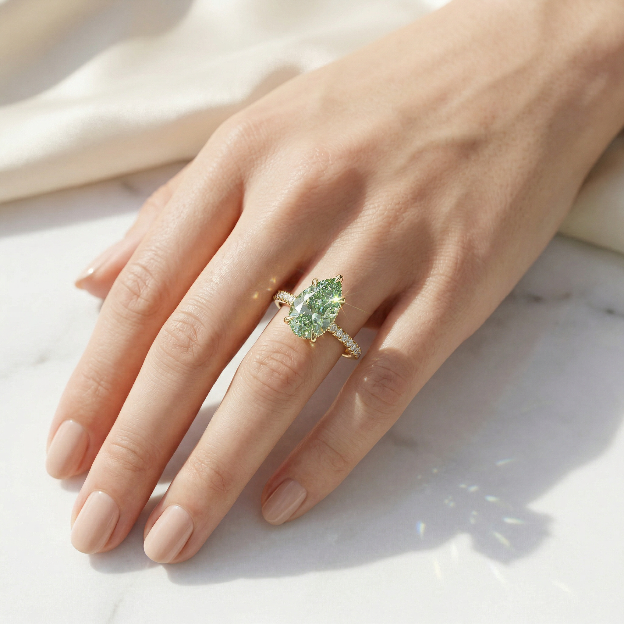 3 Carat Green Pear Cut Hidden Halo & Pave Set Lab Diamond Ring - Eblouissant