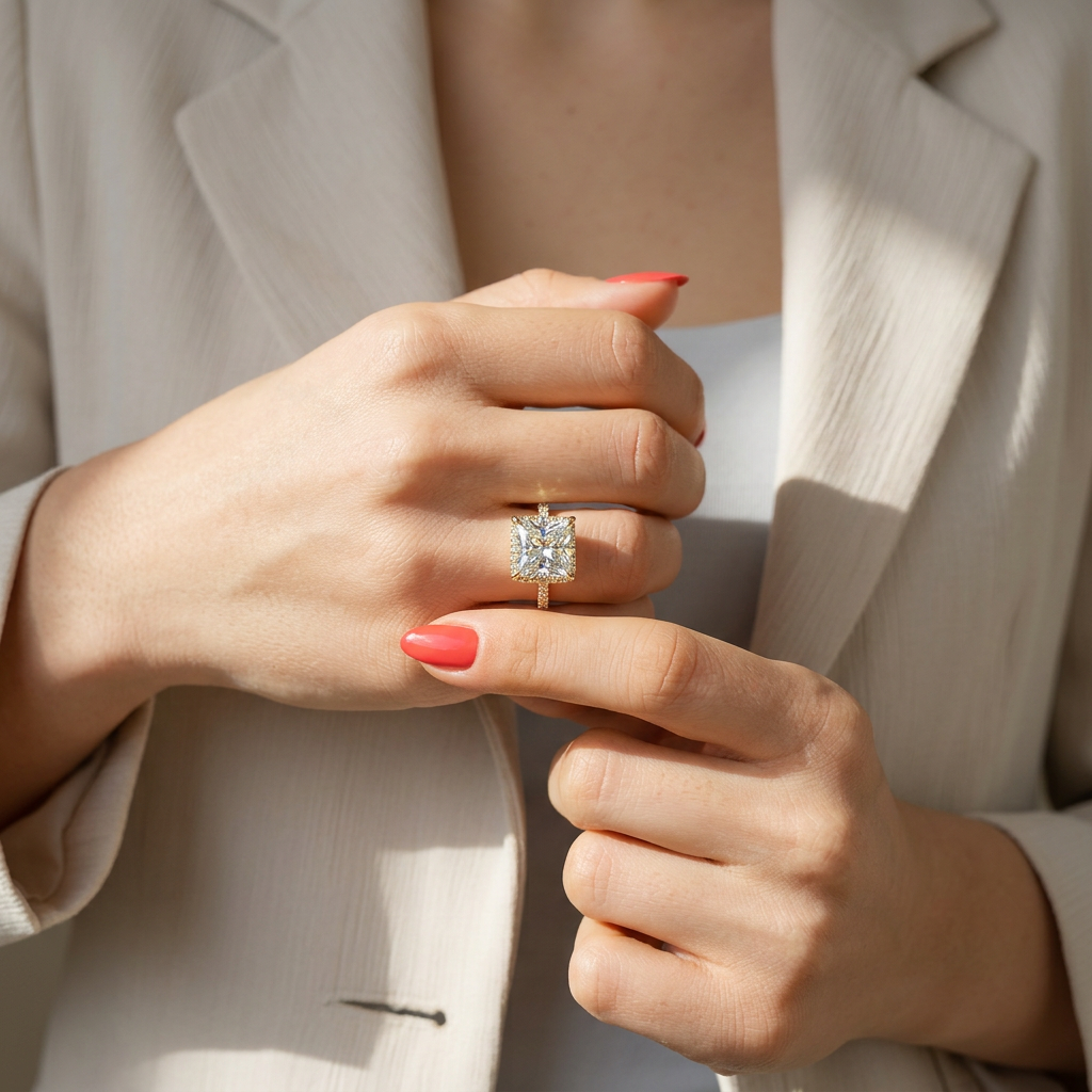 3 Carat E-VVS Princess Cut Hidden Halo Lab Grown Diamond Engagement Ring