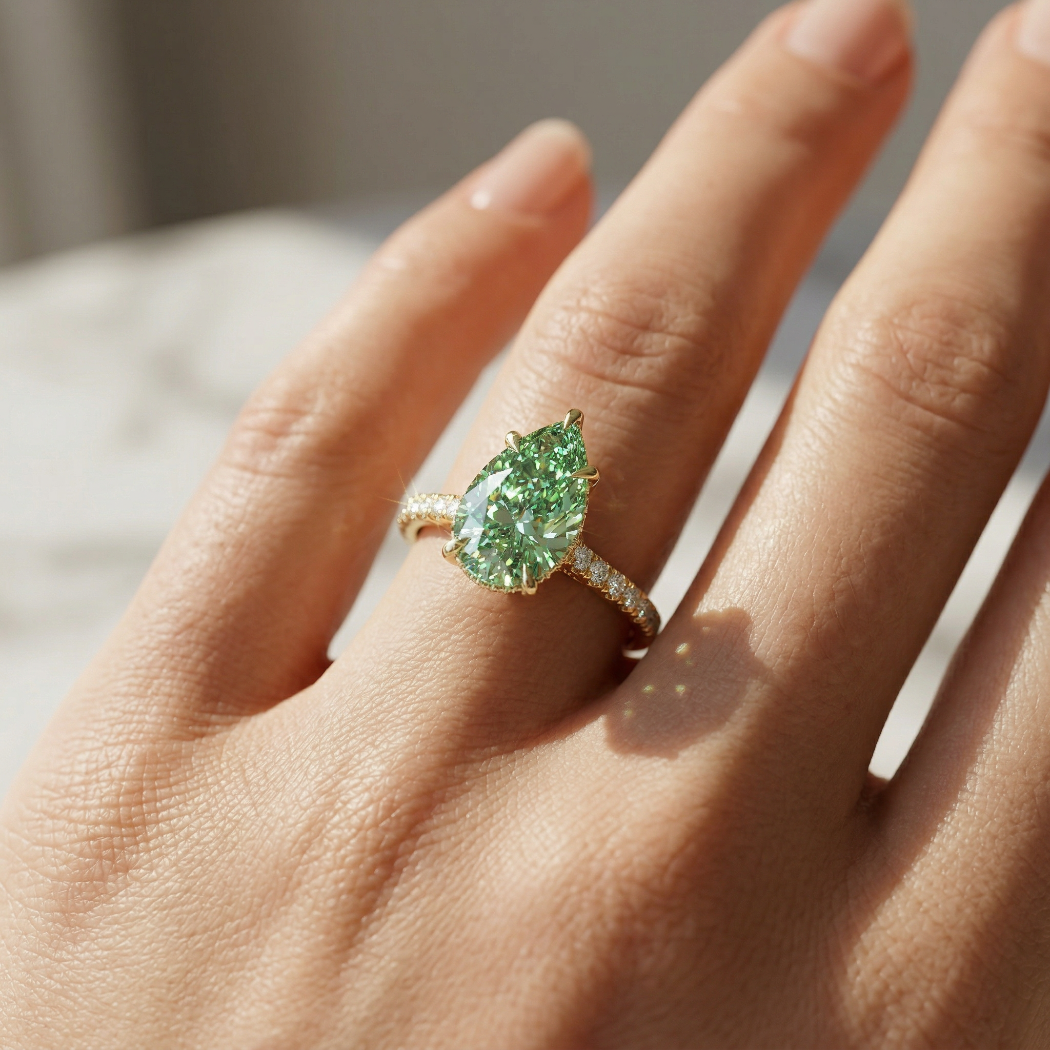 3 Carat Green Pear Cut Hidden Halo & Pave Set Lab Diamond Ring - Eblouissant