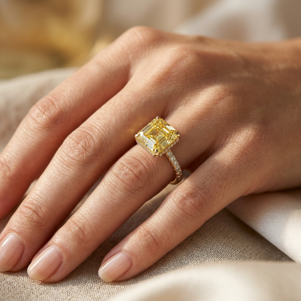 Lab-Grown Yellow Asscher-Cut Diamond Halo Engagement Ring | 3.5 CT