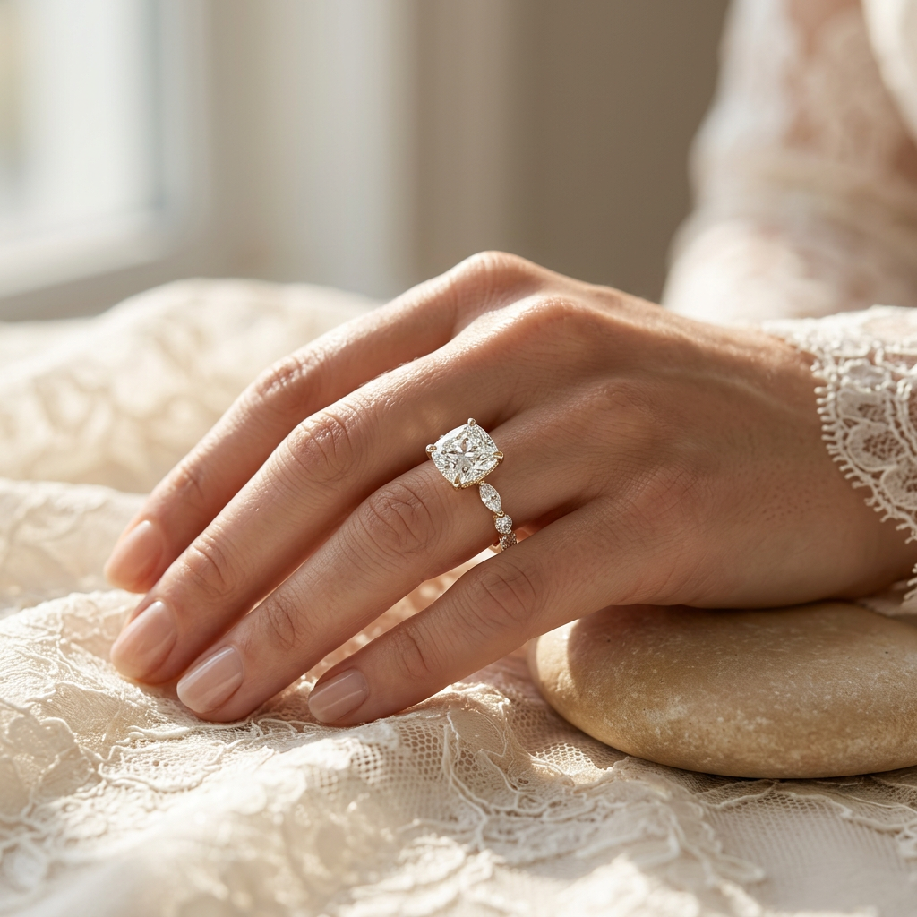 2 Carat E VVS Cushion Cut Hidden Halo Lab Grown Diamond Engagement Ring