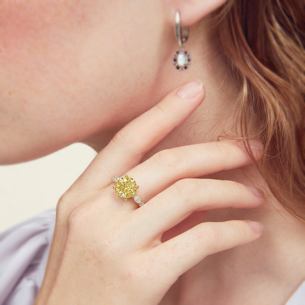 2 Carat Fancy Yellow Round Cut Hidden Halo Lab Grown Diamond Engagement Ring
