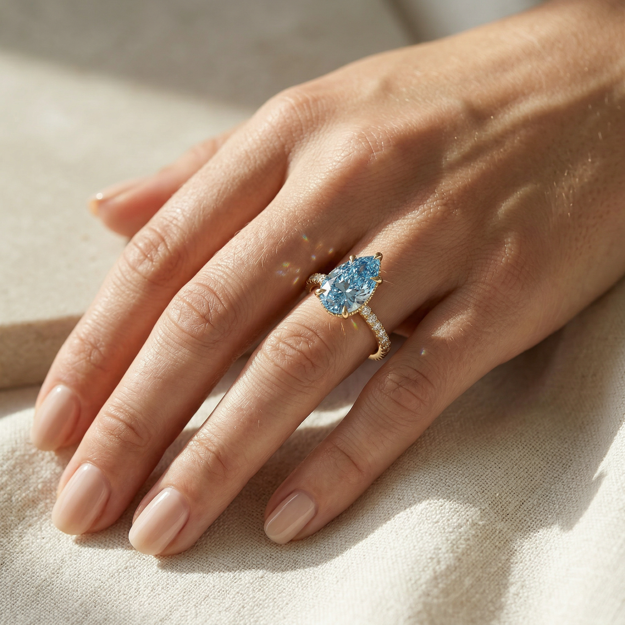 3 Carat Fancy Blue Pear Cut Hidden Halo Lab Grown Diamond Engagement Ring