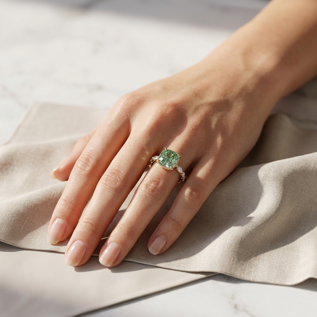 2 Carat Fancy Green Cushion Cut Hidden Halo Lab Grown Diamond Engagement Ring