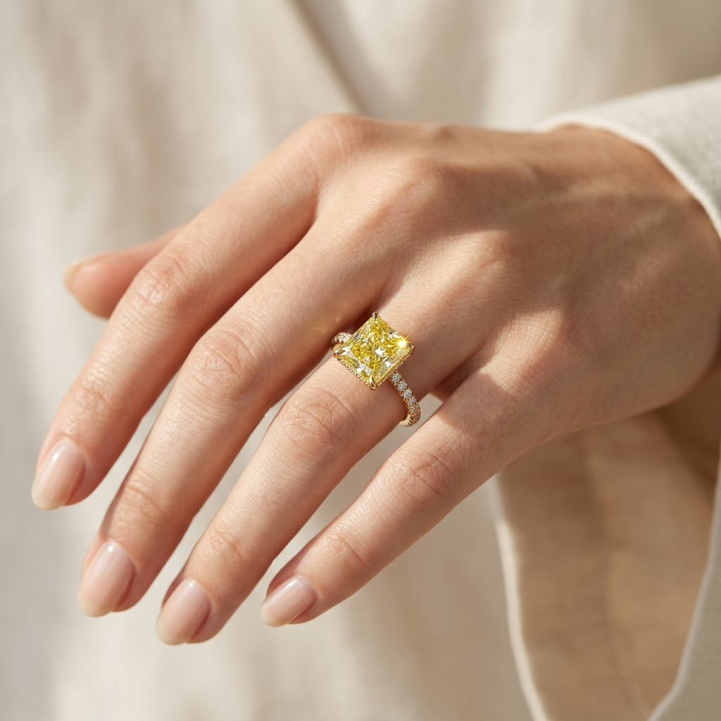 3 Carat Fancy Yellow Princess Cut Hidden Halo Lab Grown Diamond Engagement Ring