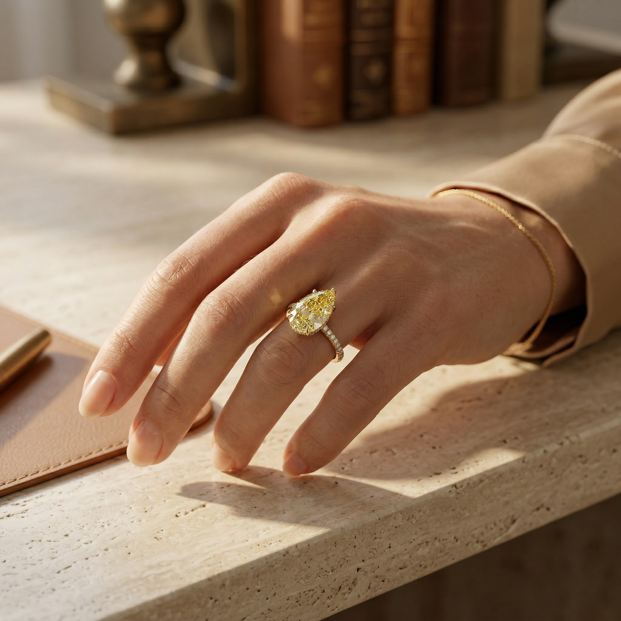 3 Carat Fancy Yellow Pear Cut Hidden Halo Lab Grown Diamond Engagement Ring