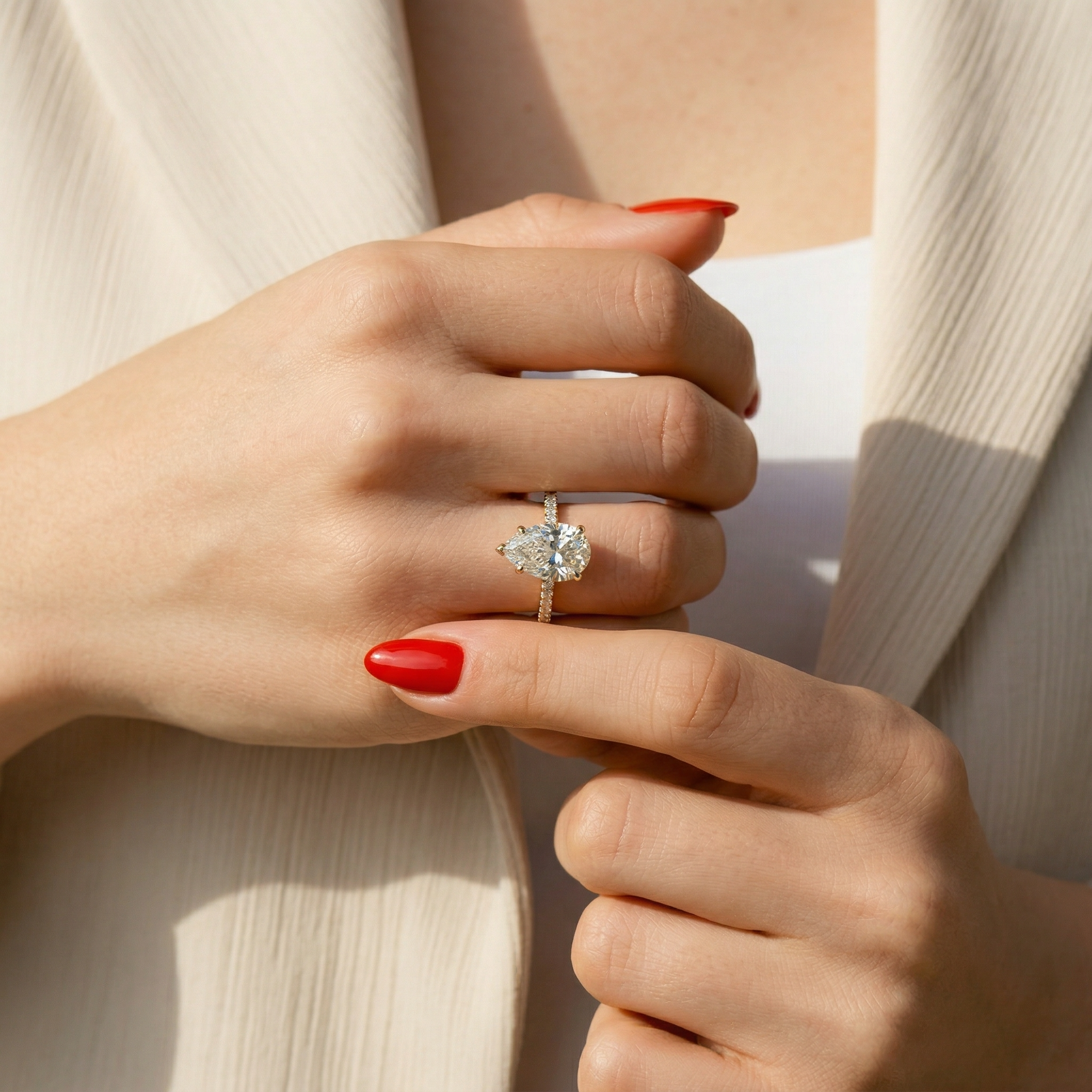 3 Carat E VVS Pear Cut Hidden Halo Lab Grown Diamond Engagement Ring