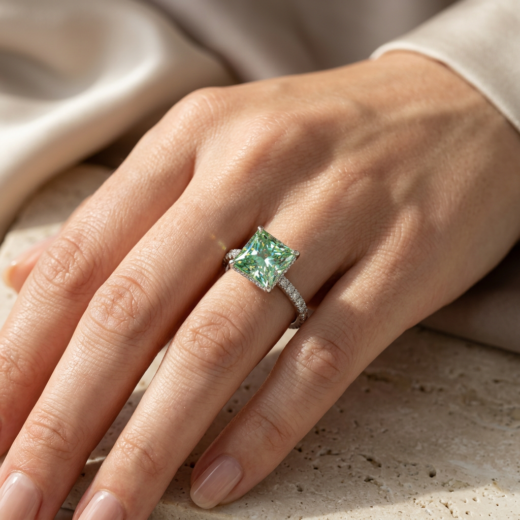3 Carat Fancy Green Princess Cut Hidden Halo Lab Grown Diamond Engagement Ring