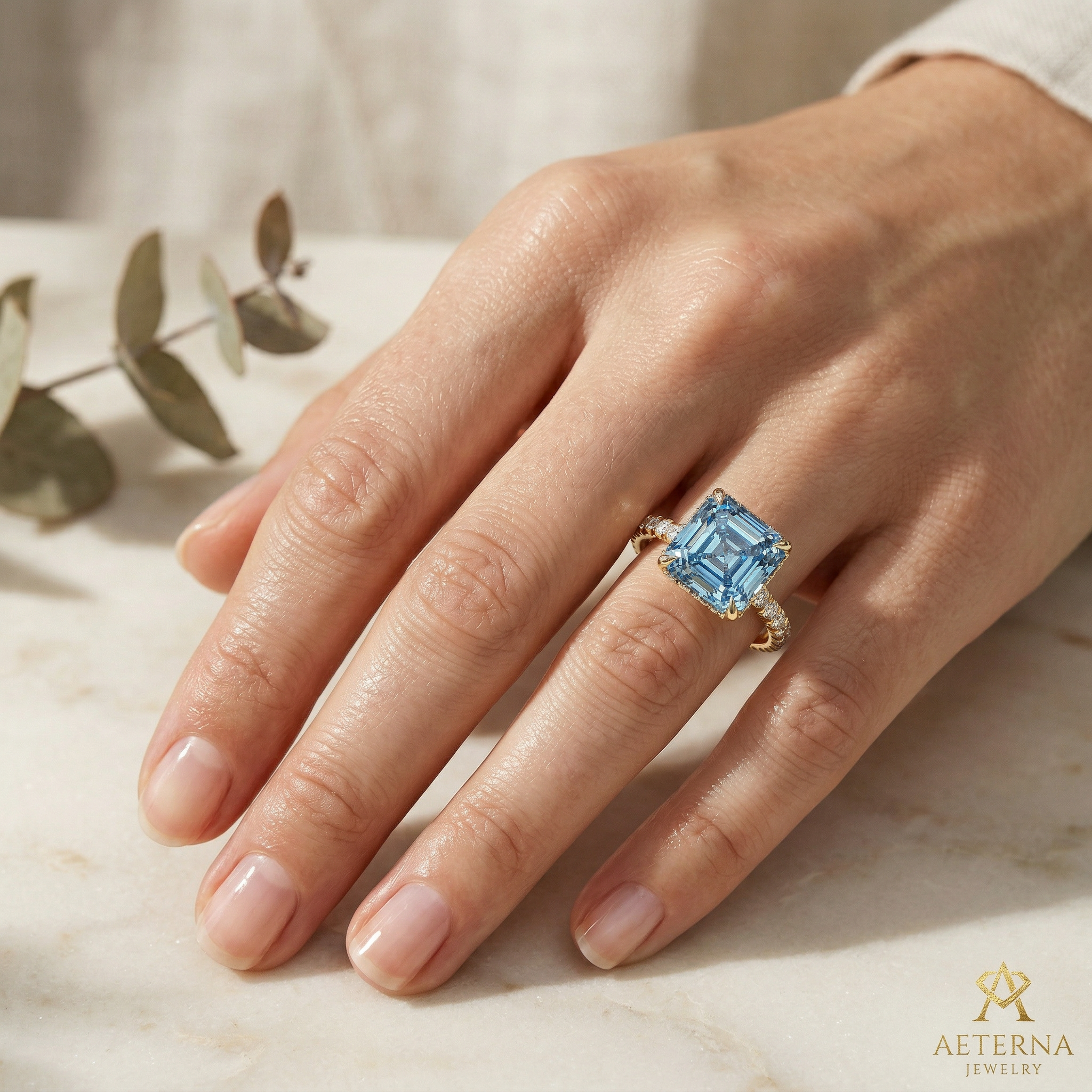 Lab-Grown Blue Asscher-Cut Diamond Halo Engagement Ring | 3.5 CT
